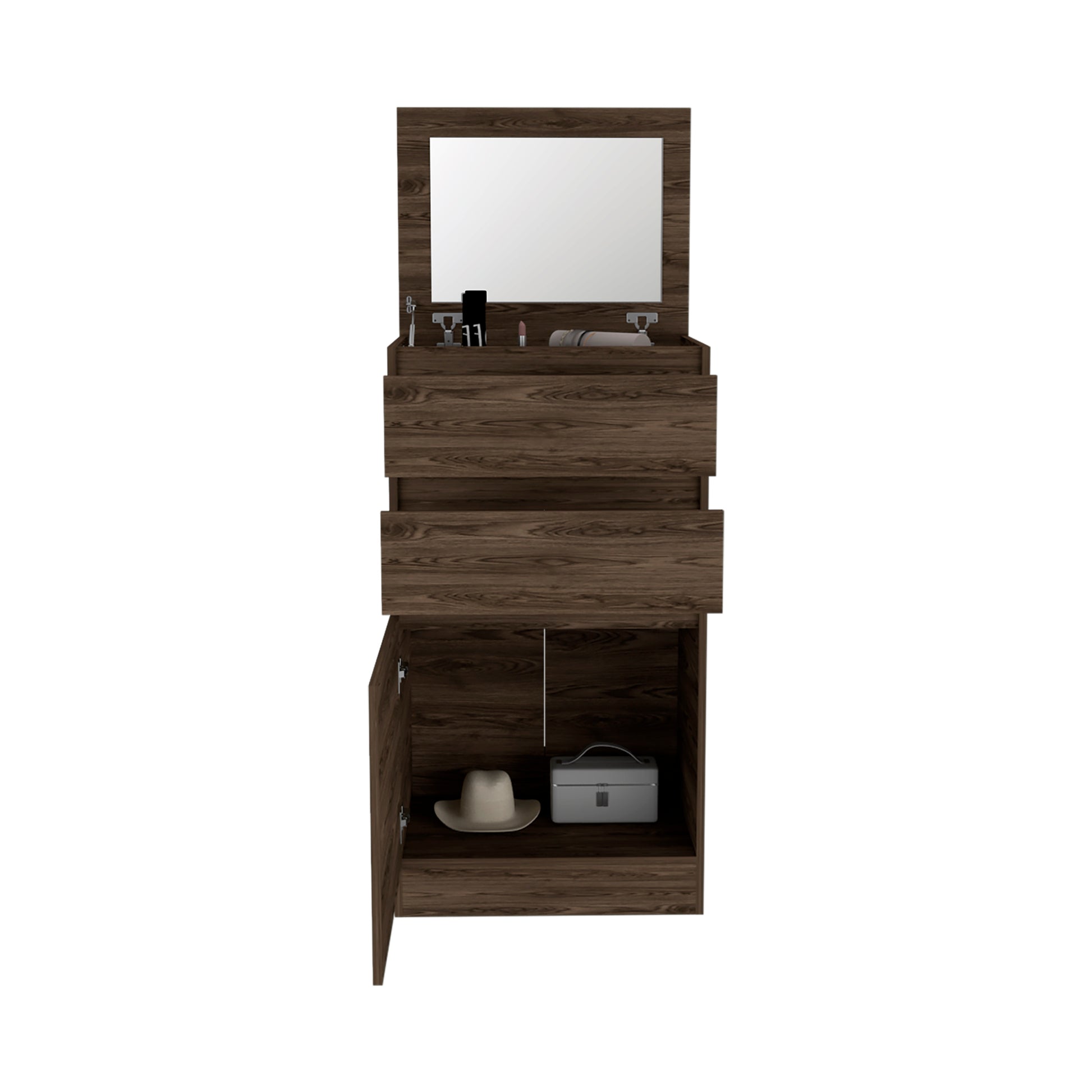 Dresser 43"H, Jewelry Box, Mirror, Single Door Cabinet, Two Drawers, Dark Walnut Brown Particle Board Particle Board