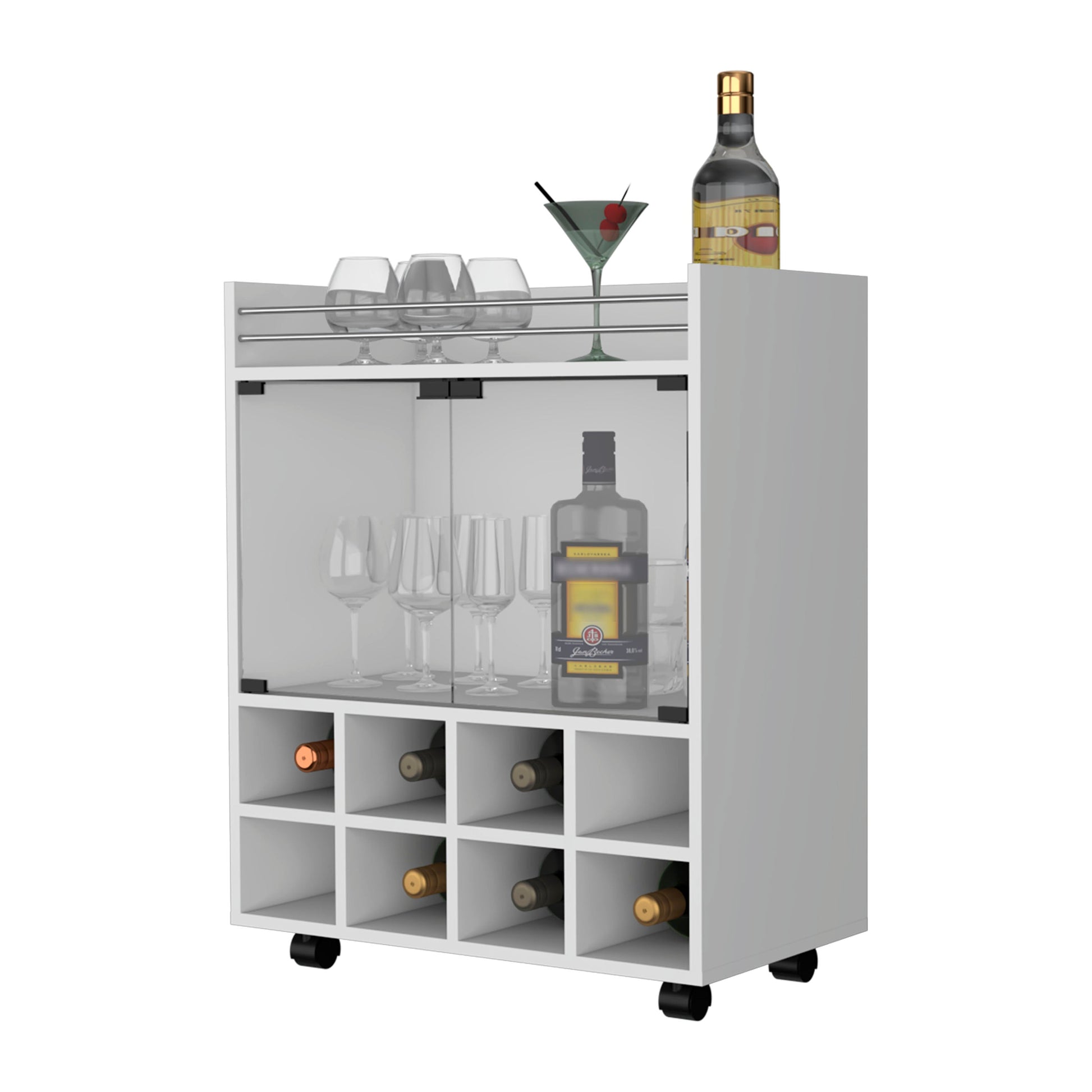 White 8 Bottle Rack Bar Cart White White Primary Living Space Rectangular Kitchen Carts Wood Small Less Than 40In