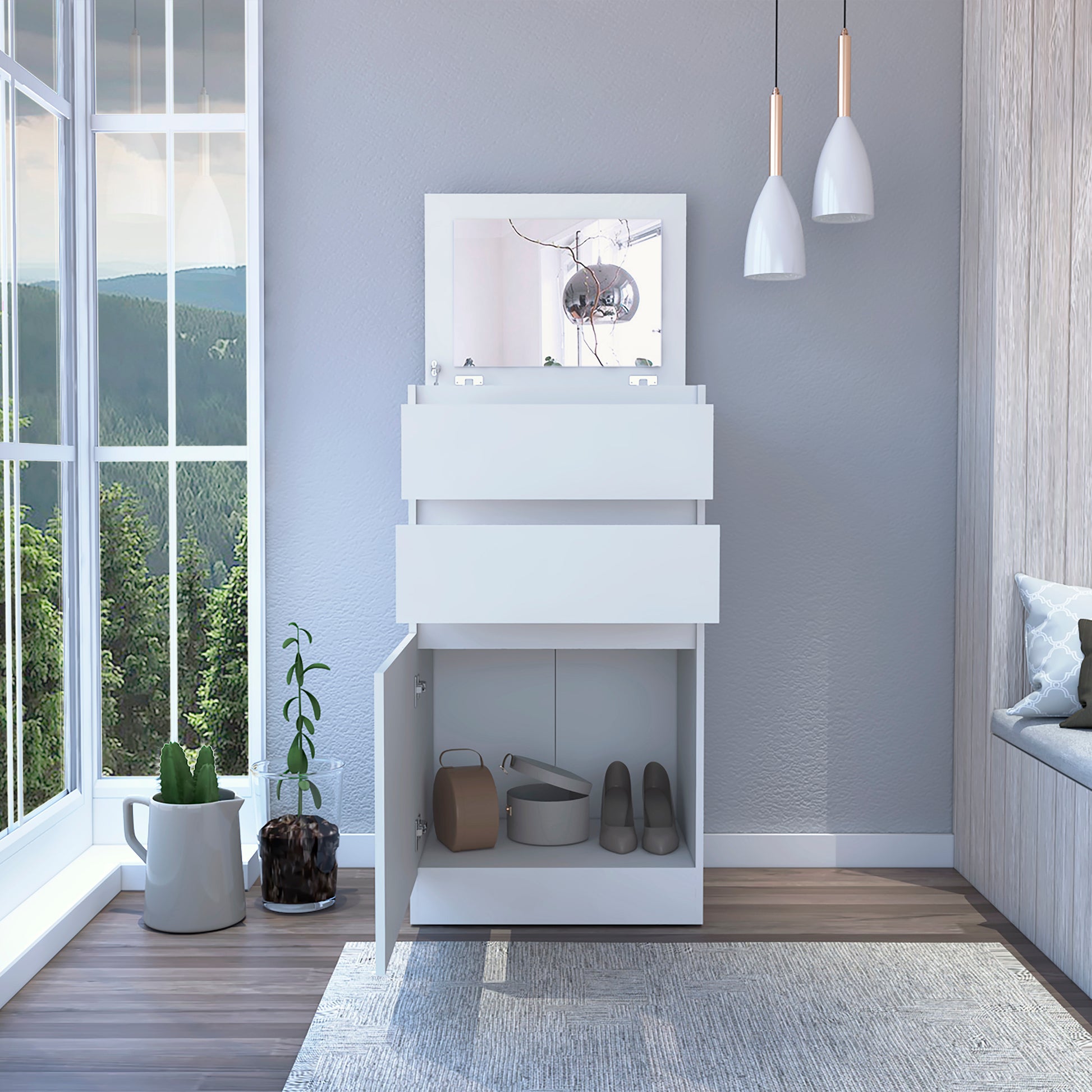 Dresser 43"H, Jewelry Box, Mirror, Single Door Cabinet, Two Drawers, White White Particle Board Particle Board