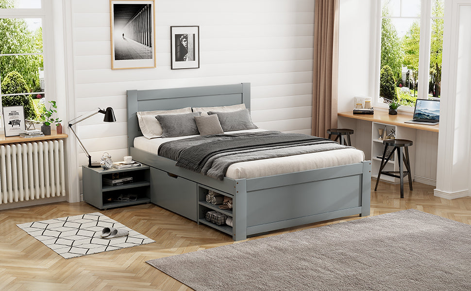 Twin Size Platform Bed With Drawer And Two Shelves, Gray Antique Gray Mdf Lvl