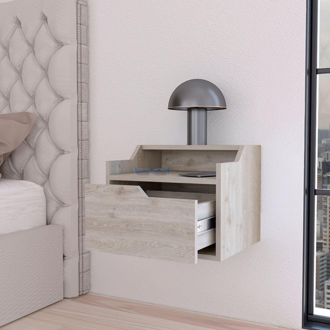 Light Gray Dual Shelf Display Nightstand Light Gray Gray 1 Drawer Floating Easy Assembly Wood