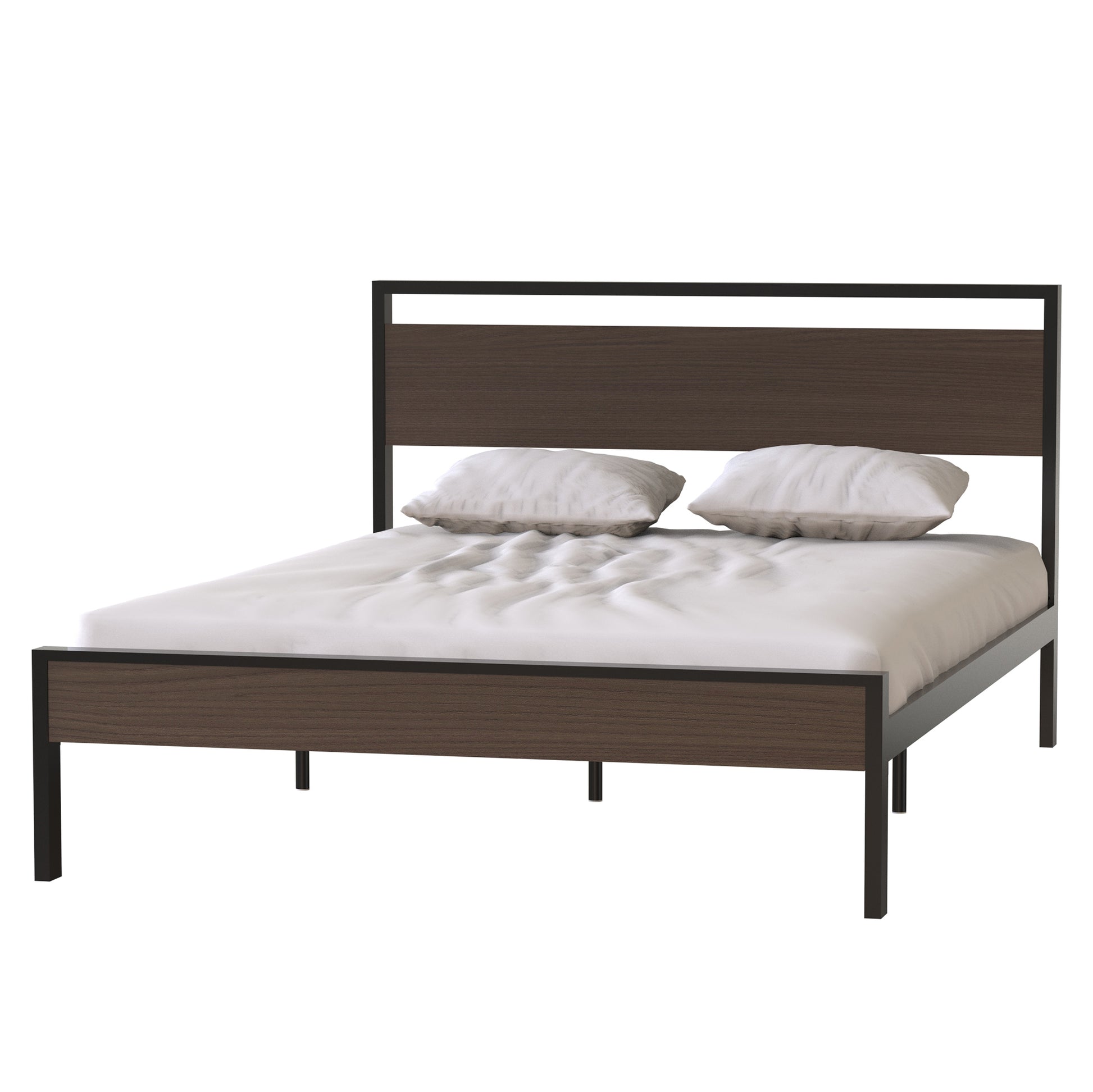 Ceres Metal Bed, Black With Walnut Wood Headboard&Footboard, Queen Box Spring Not Required Queen Black Metal Red Bedroom Bed Frame Metal Metal