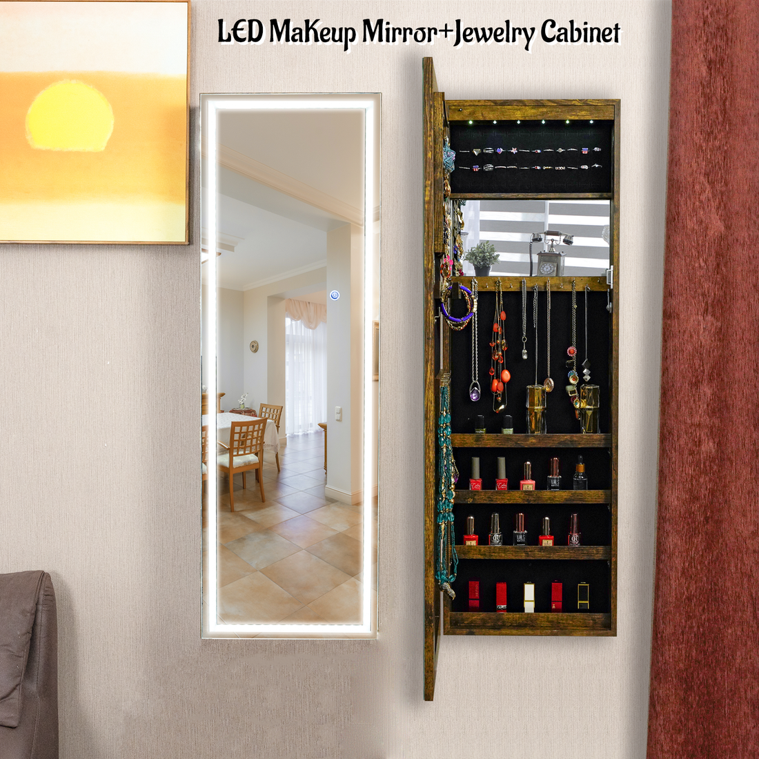 Fashion Simple Jewelry Storage Mirror Cabinet With Led Lights Can Be Hung On The Door Or Wall Antique Gray Mdf