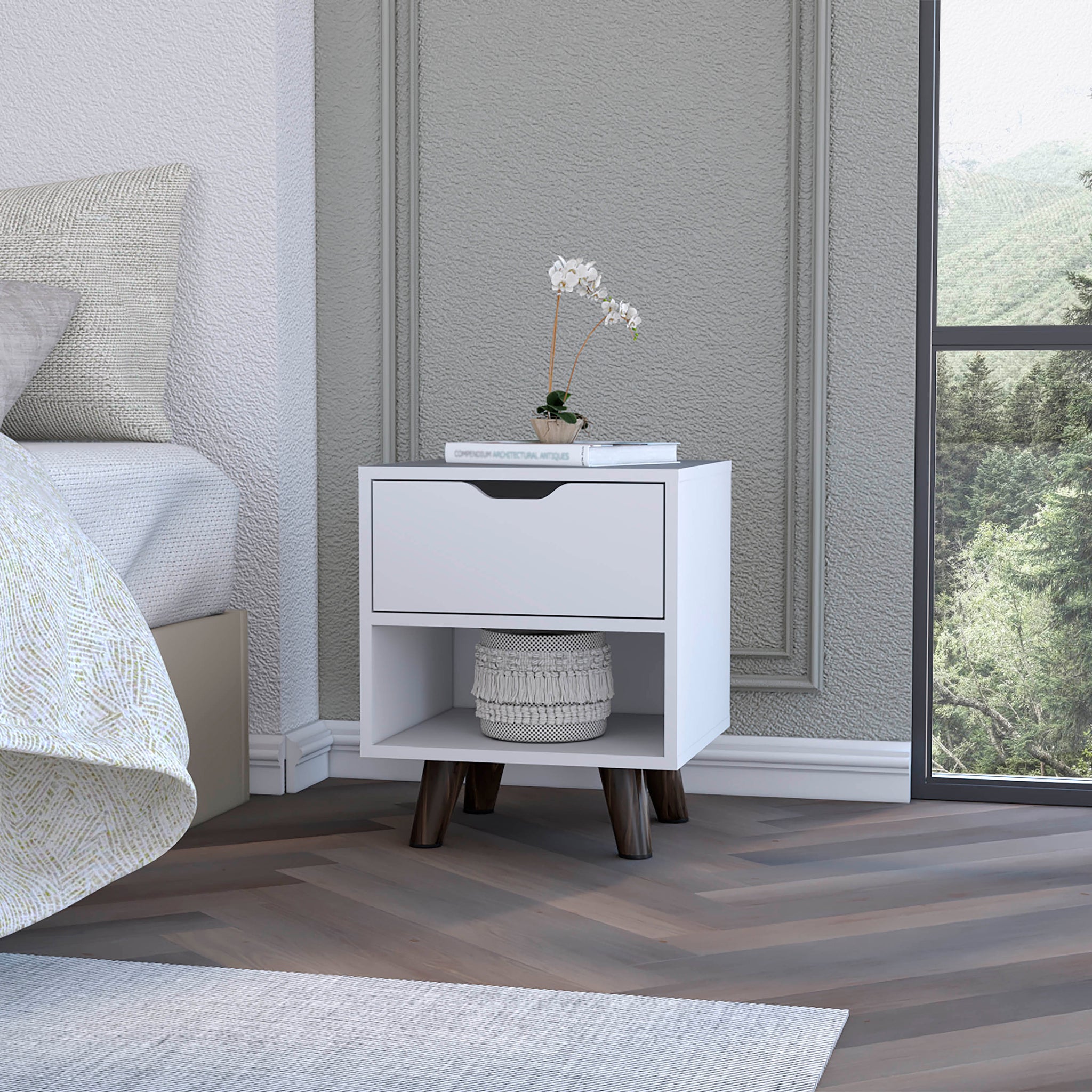 White 1 Open Storage Shelf Nightstand White White 1 Drawer Bedroom With Legs Shelf White Wood