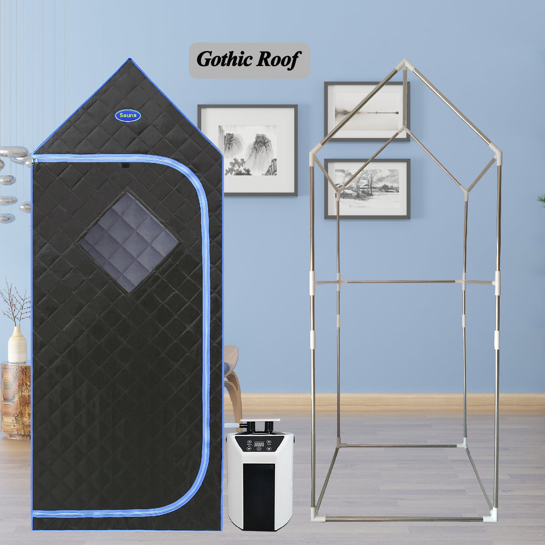 Portable Gothic Roof Plus Type Full Size Steam Sauna Tent. Spa, Detox ,Therapy And Relaxation At Home. Larger Space, Stainless Steel Connector Easy To Install. Fcc Certification Black Black Polyester Polyester