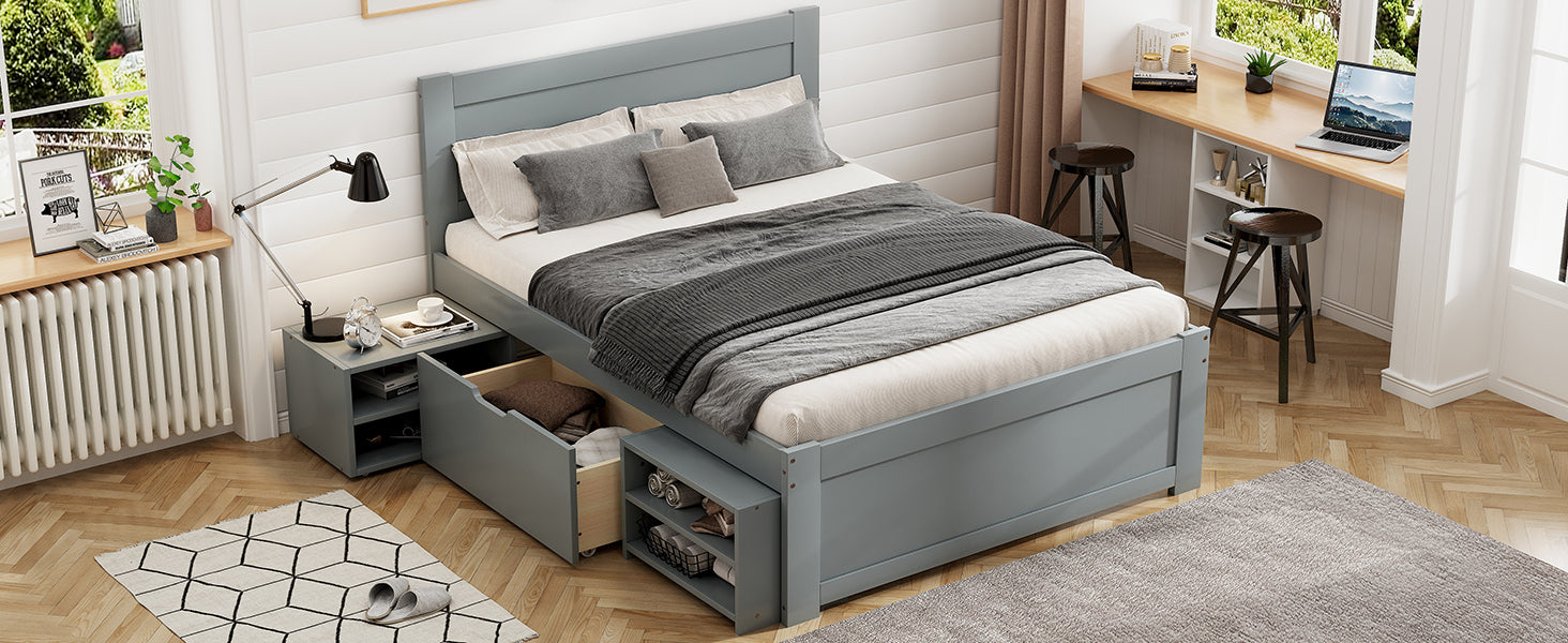 Twin Size Platform Bed With Drawer And Two Shelves, Gray Antique Gray Mdf Lvl