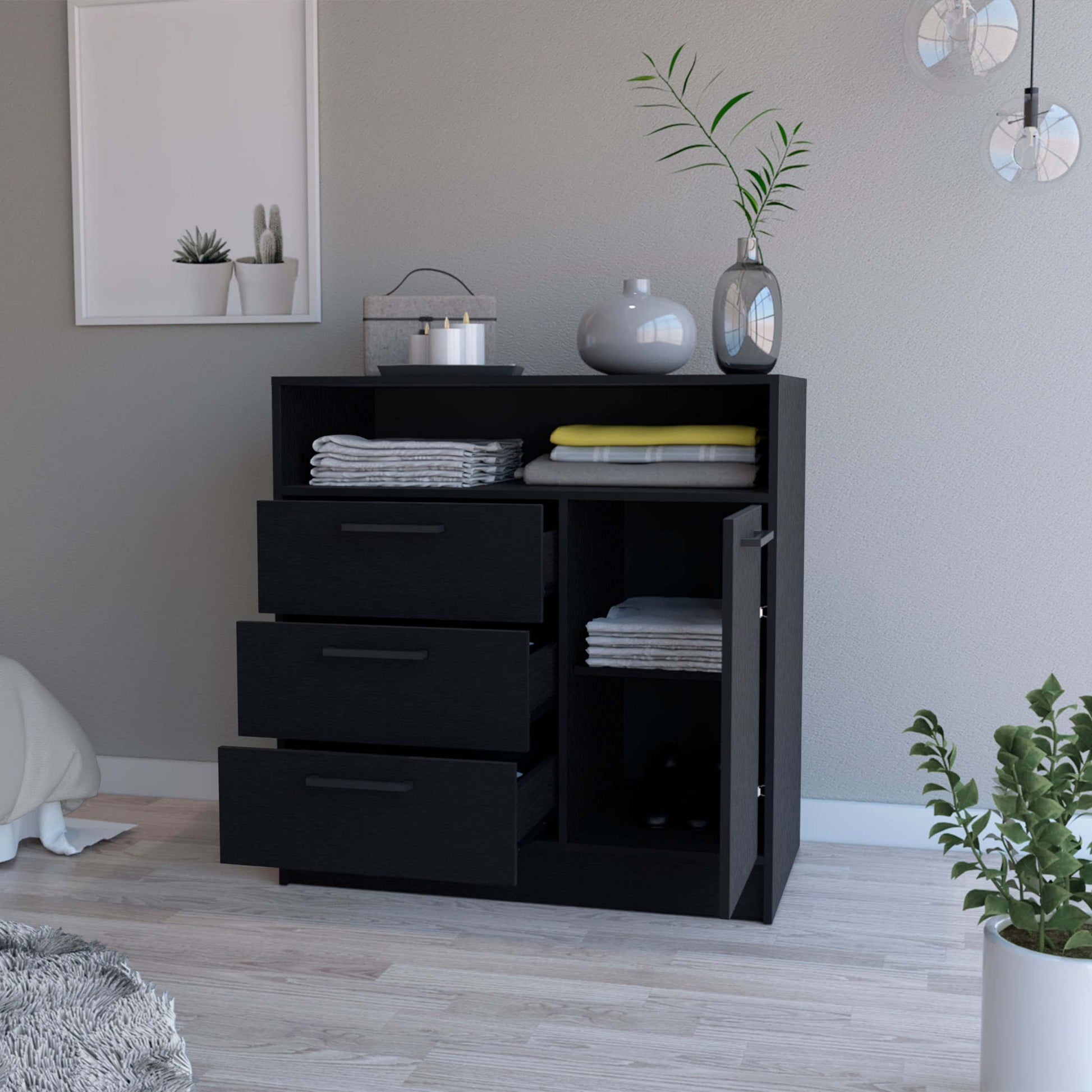 Black Open Storage Shelf 3 Drawer Dresser Black Bedroom Wood Black Open Storage Shelf 3 Drawer Dresser Black Bedroom Wood