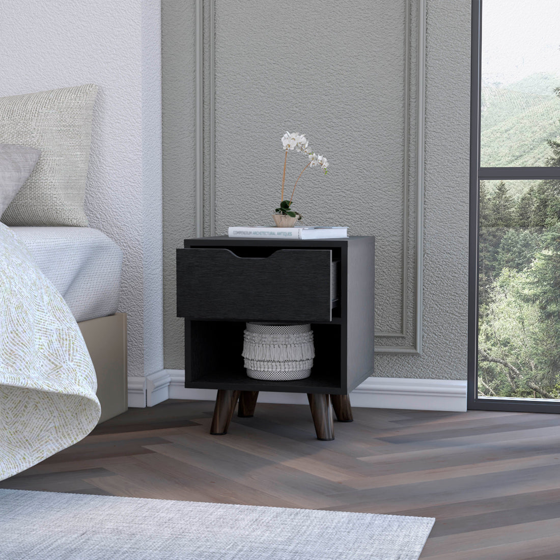 Black 1 Open Storage Shelf Nightstand Black 1 Drawer Bedroom Open Storage Shelf Black Wood