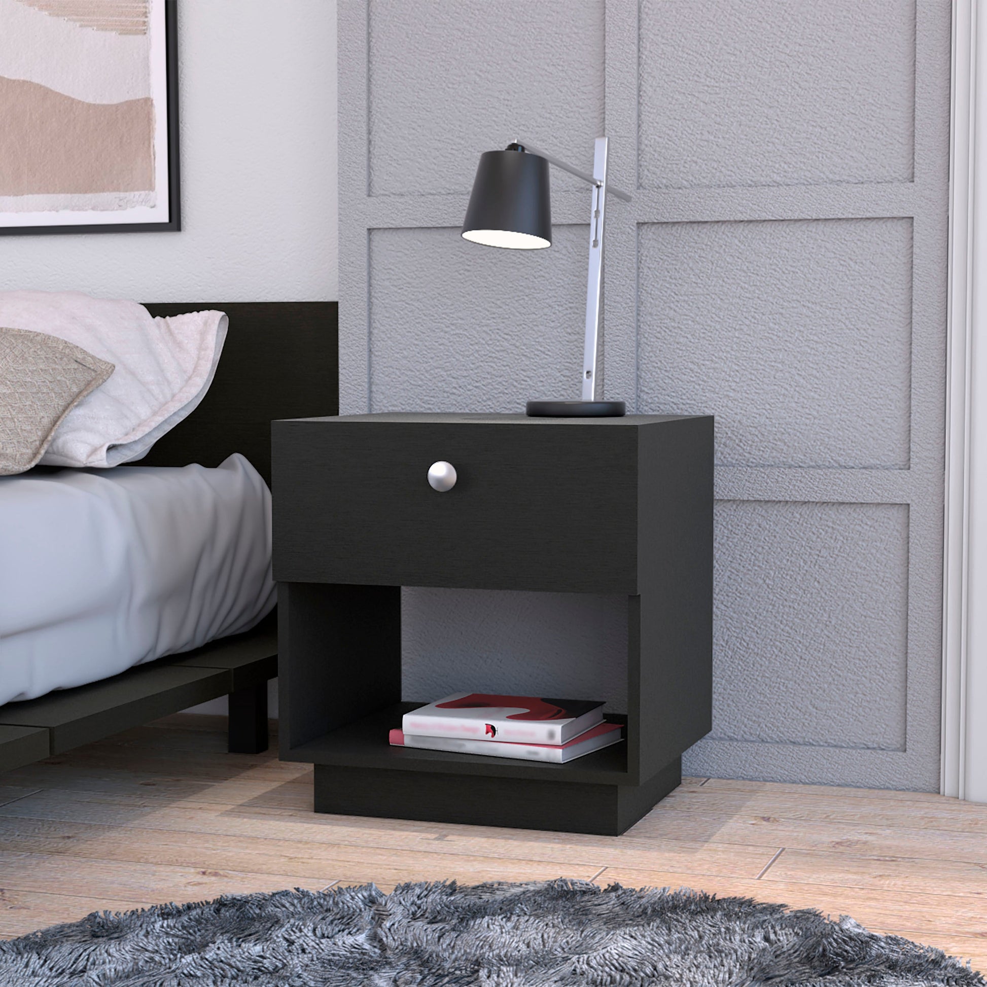 Black 1 Drawer Nightstand Black 1 Drawer Bedroom Open Storage Storage Black Wood