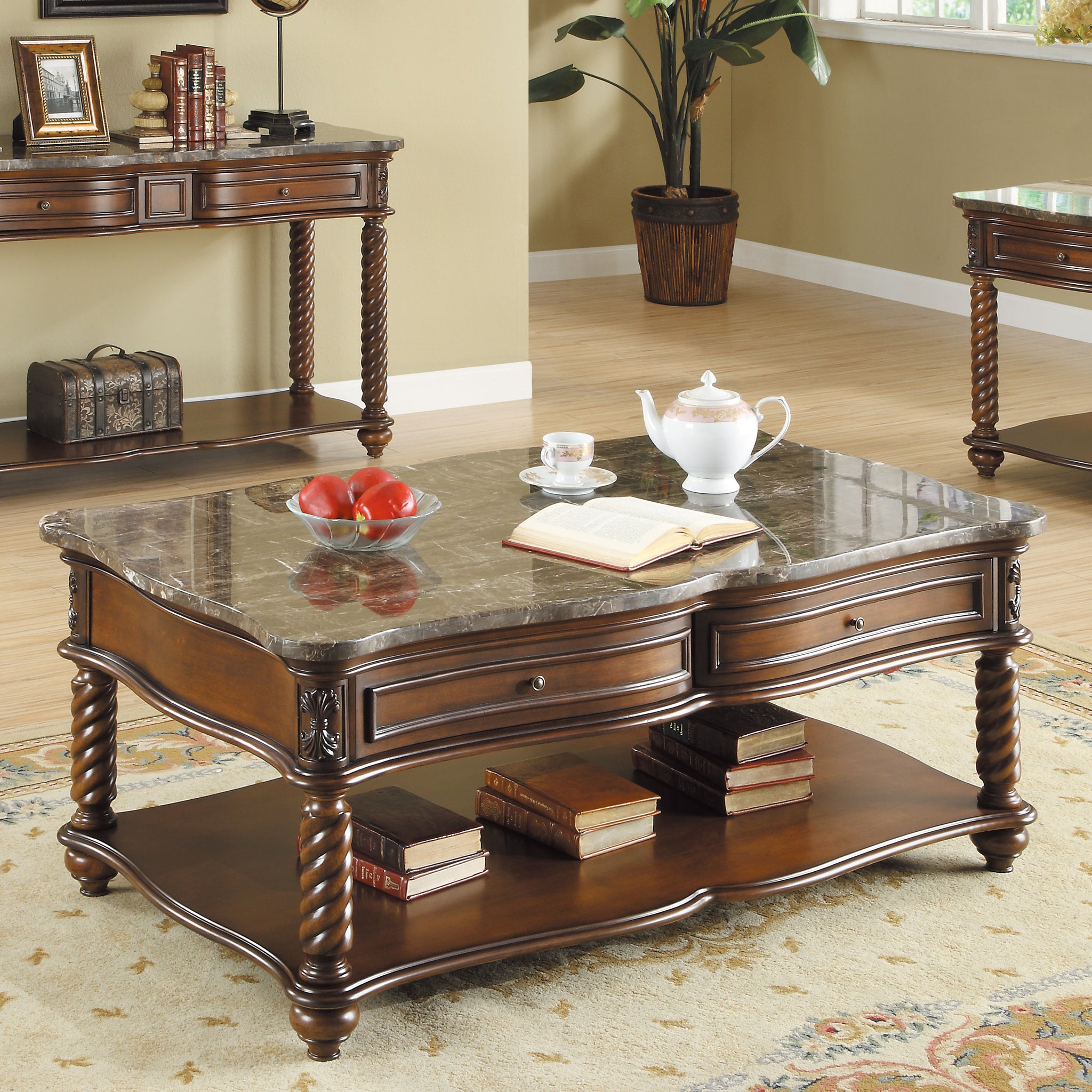 Traditional Formal Marble Top Cocktail Table With 2 Drawer Lower Shelf Mahogany Finish Spiral Turned Legs Wooden 1Pc Living Room Furniture Mahogany Primary Living Space Luxury,Traditional Drawers Rectangular Coffee & End Tables Wood