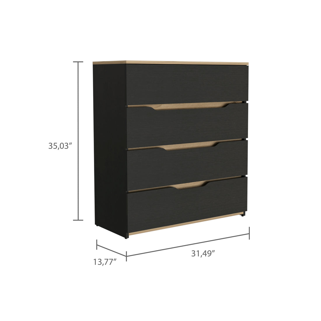 Drawer Dresser 35"H, Four Drawers, Superior Top, Black Light Oak Multicolor Particle Board Particle Board