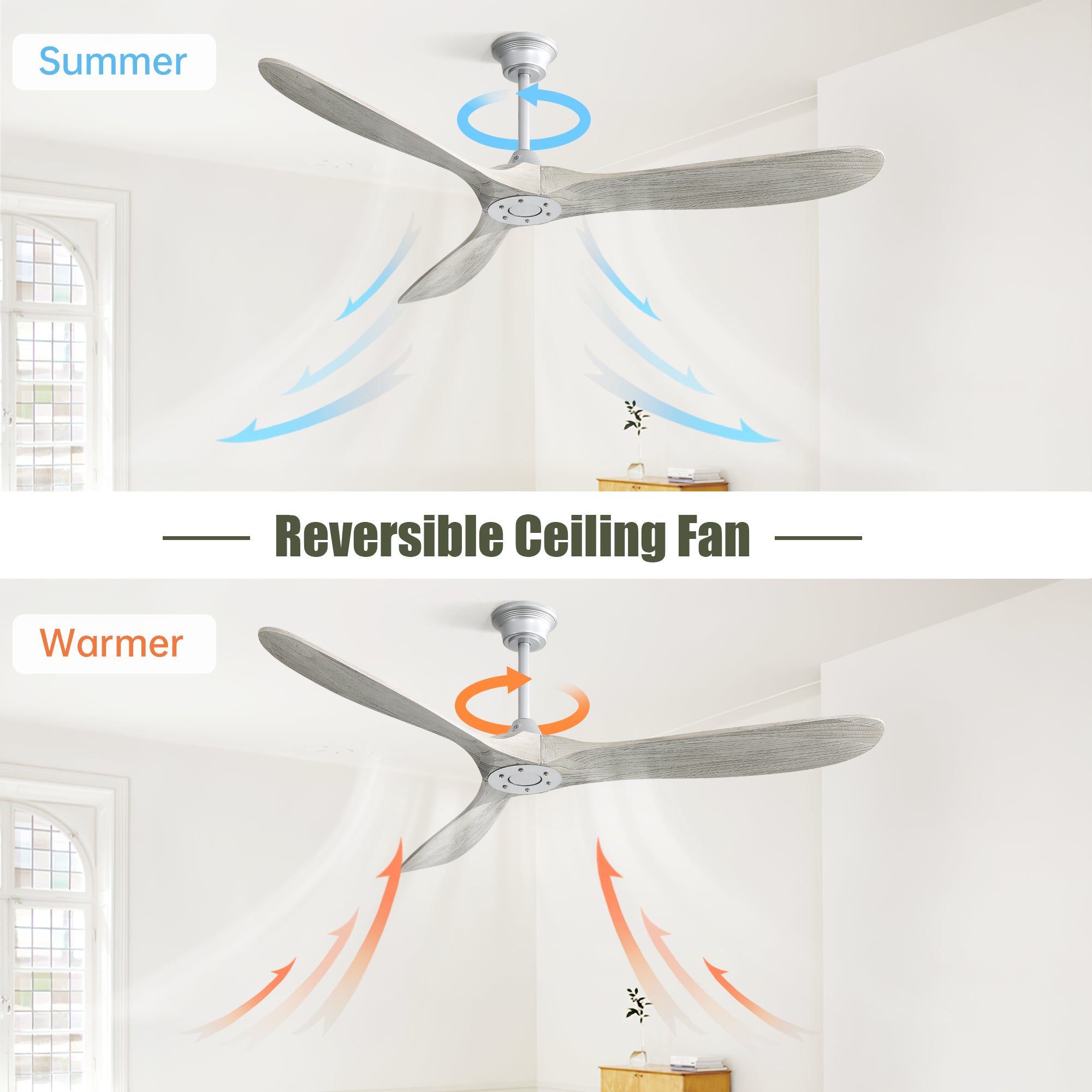 60 Inch Indoor Solid Wood Ceiling Fan With 6 Speed silver-metal & wood