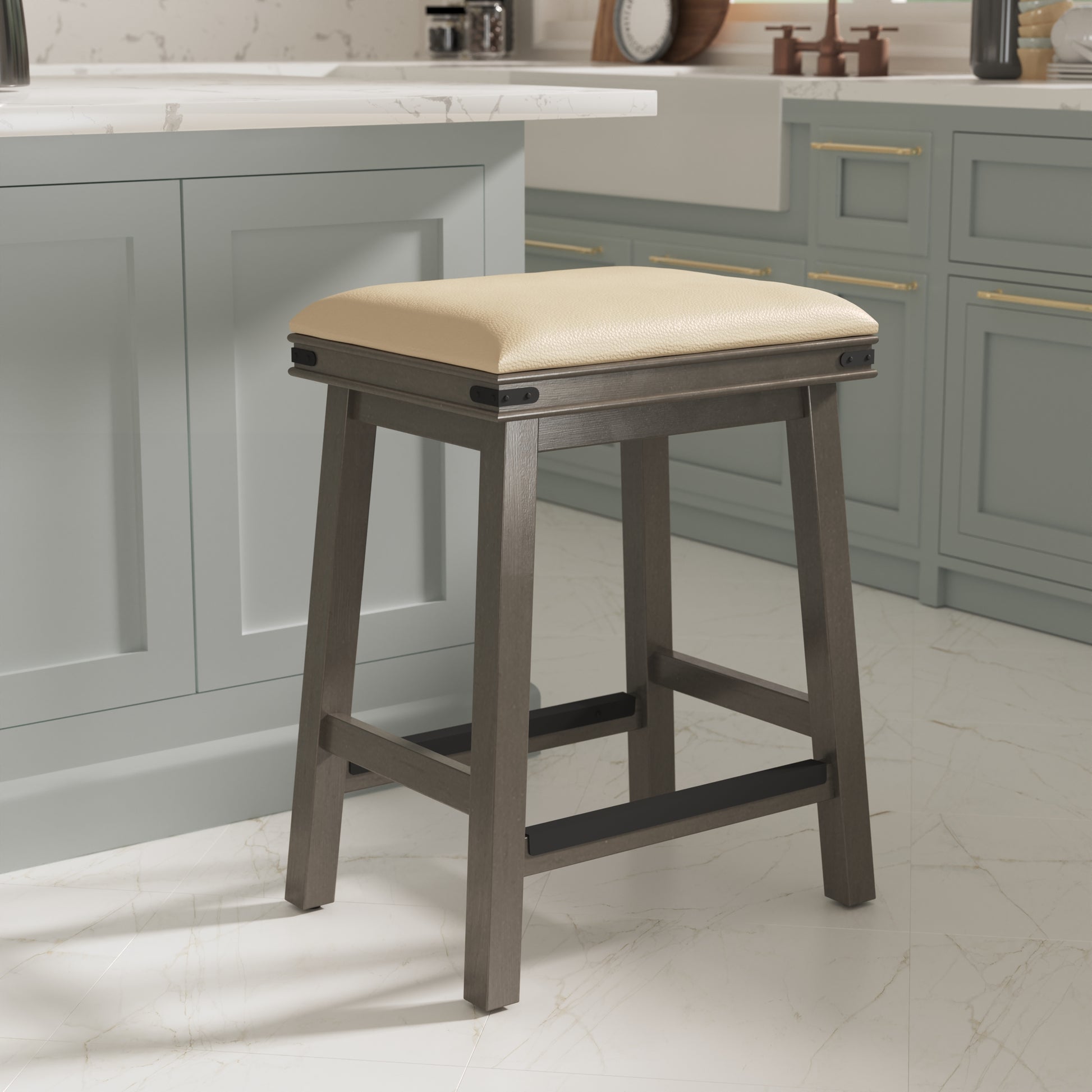 24" Counter Stool, Weathered Gray Finish, French Gray Leather Seat Gray Bonded Leather