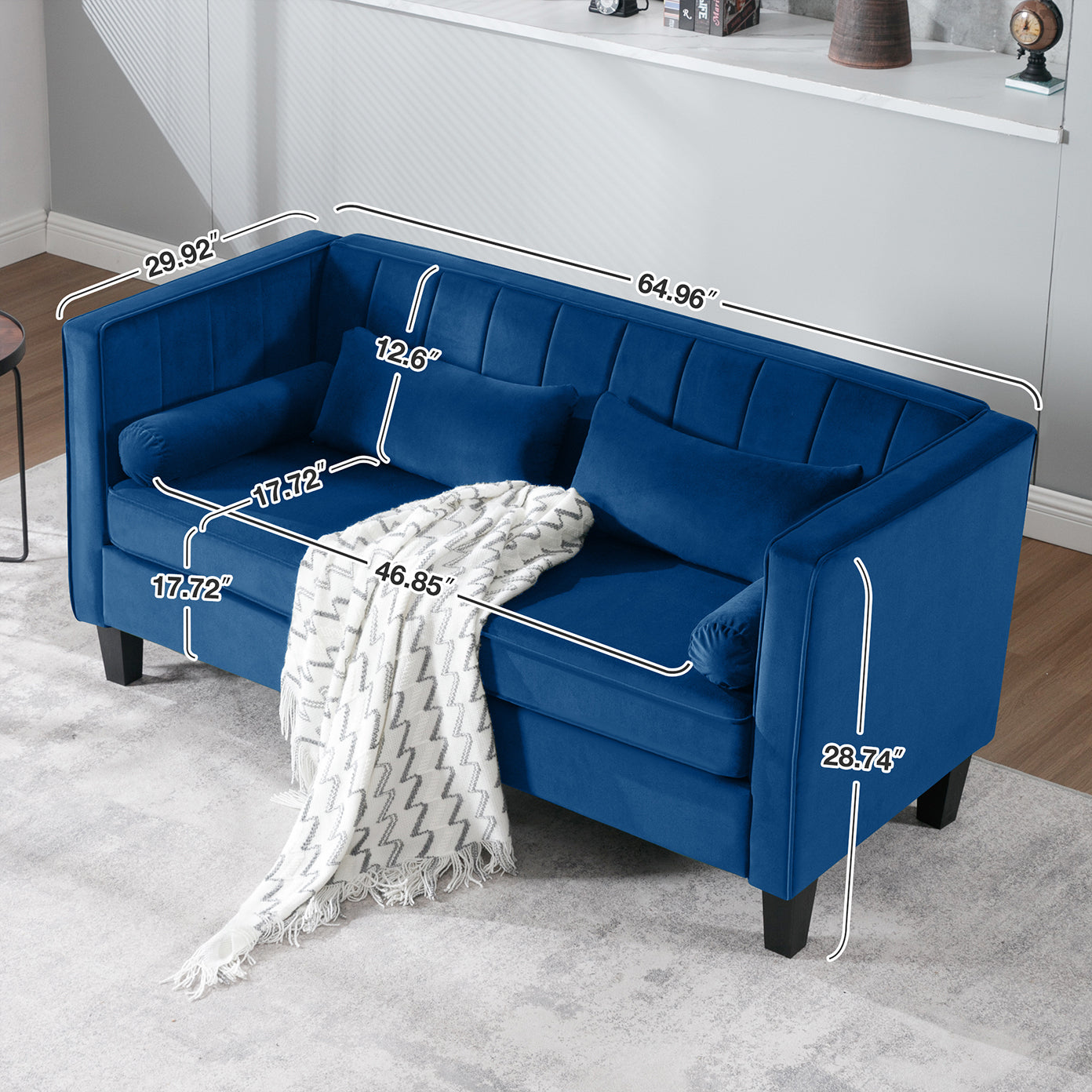 Sofa ,64.96" Modern Sofa Couch 2 Seater Fabric Sofa Blue Wood Heavy Duty Foam Velvet 2 Seat