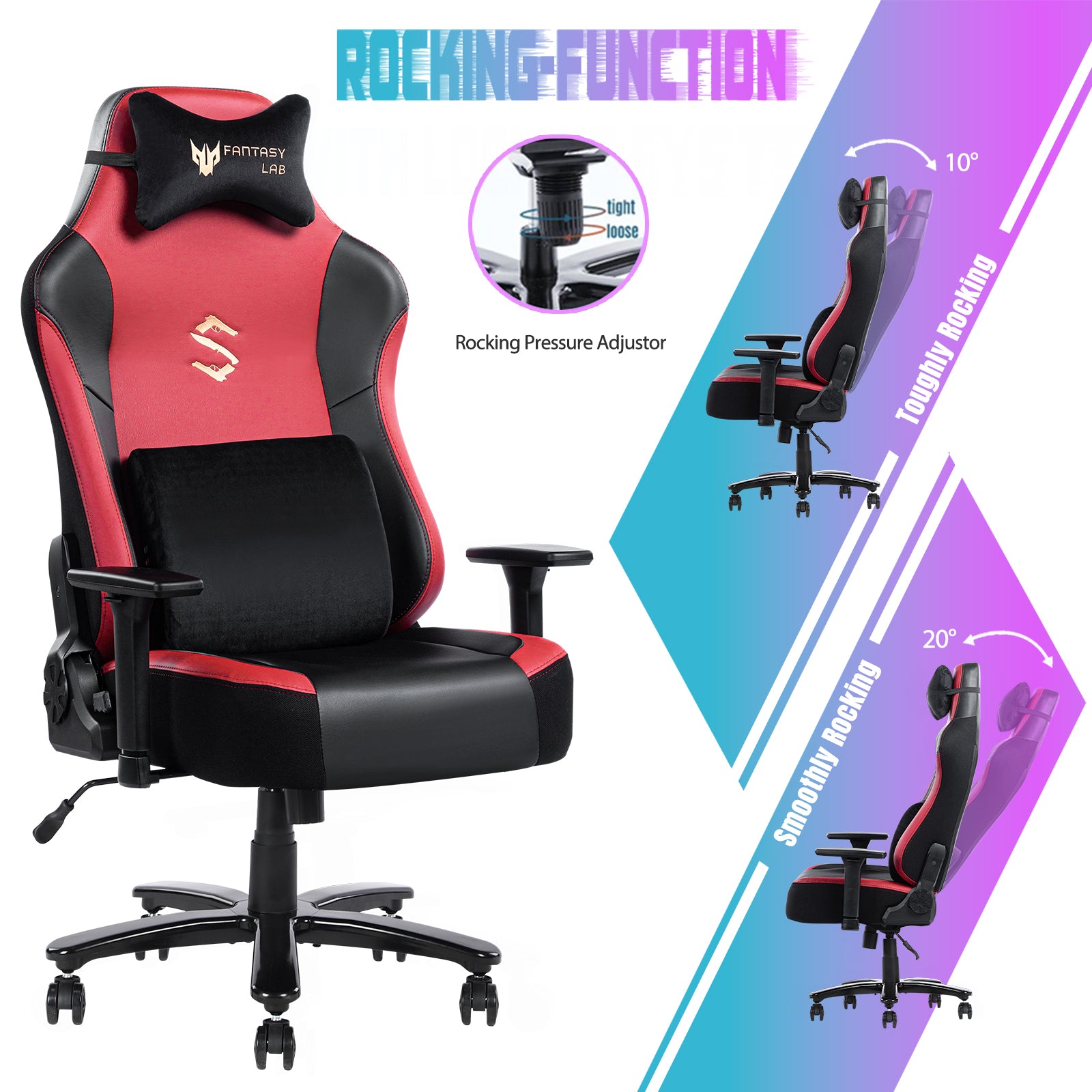 Big And Tall Gaming Chair 400Lbs Gaming Chair With Massage Lumbar Pillow, Headrest, 3D Armrest, Metal Base, Pu Leather Metal Red Handle Pu Leather