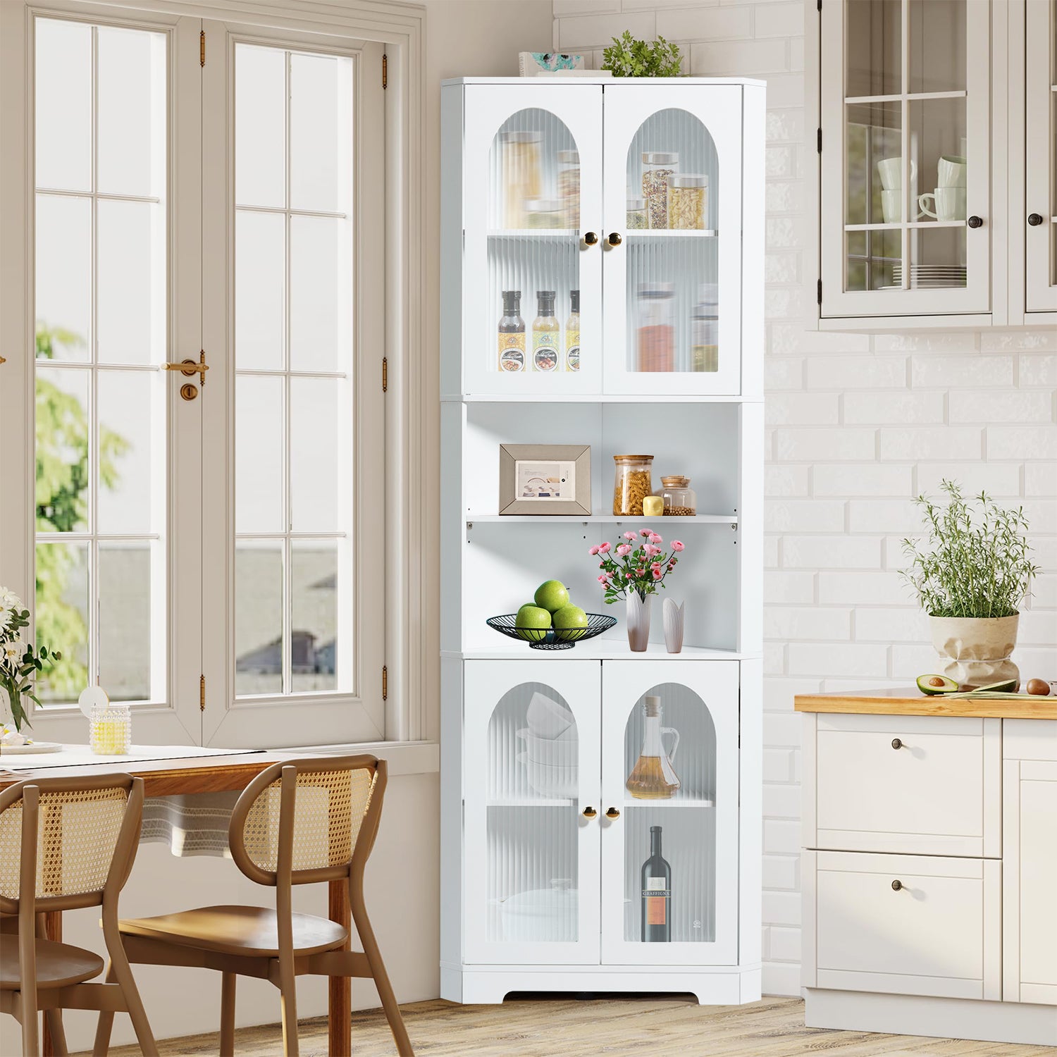 White Tall Corner Cabinet With Glass Doors & Led