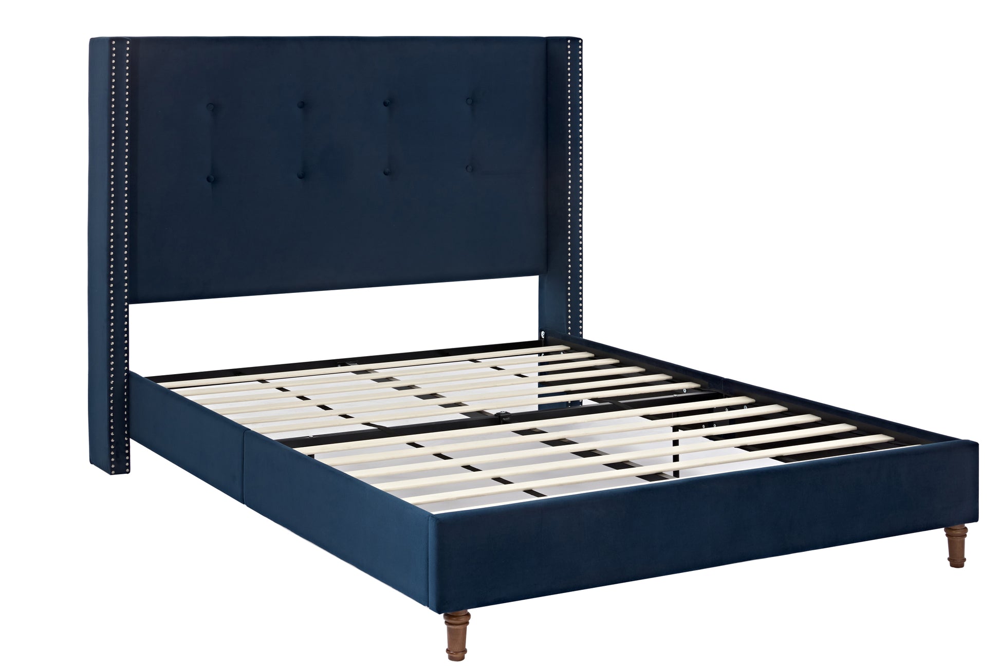 Peyton Upholstered Queen Bed 54" High Headboard Traditional Hand Buttoned Tufting Trim Wingback No Box Spring Needed Easy Assembly Blue Velvet Box Spring Not Required Queen Blue Brown Metal Bedroom Classic,European,Modern,Traditional Oak Bed Frame Foam