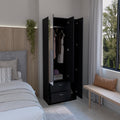 Wardrobe With 3 Doors, One With Mirror, Two Drawers, Four Shelves And Hanging Bar,Black Black Particle Board Particle Board