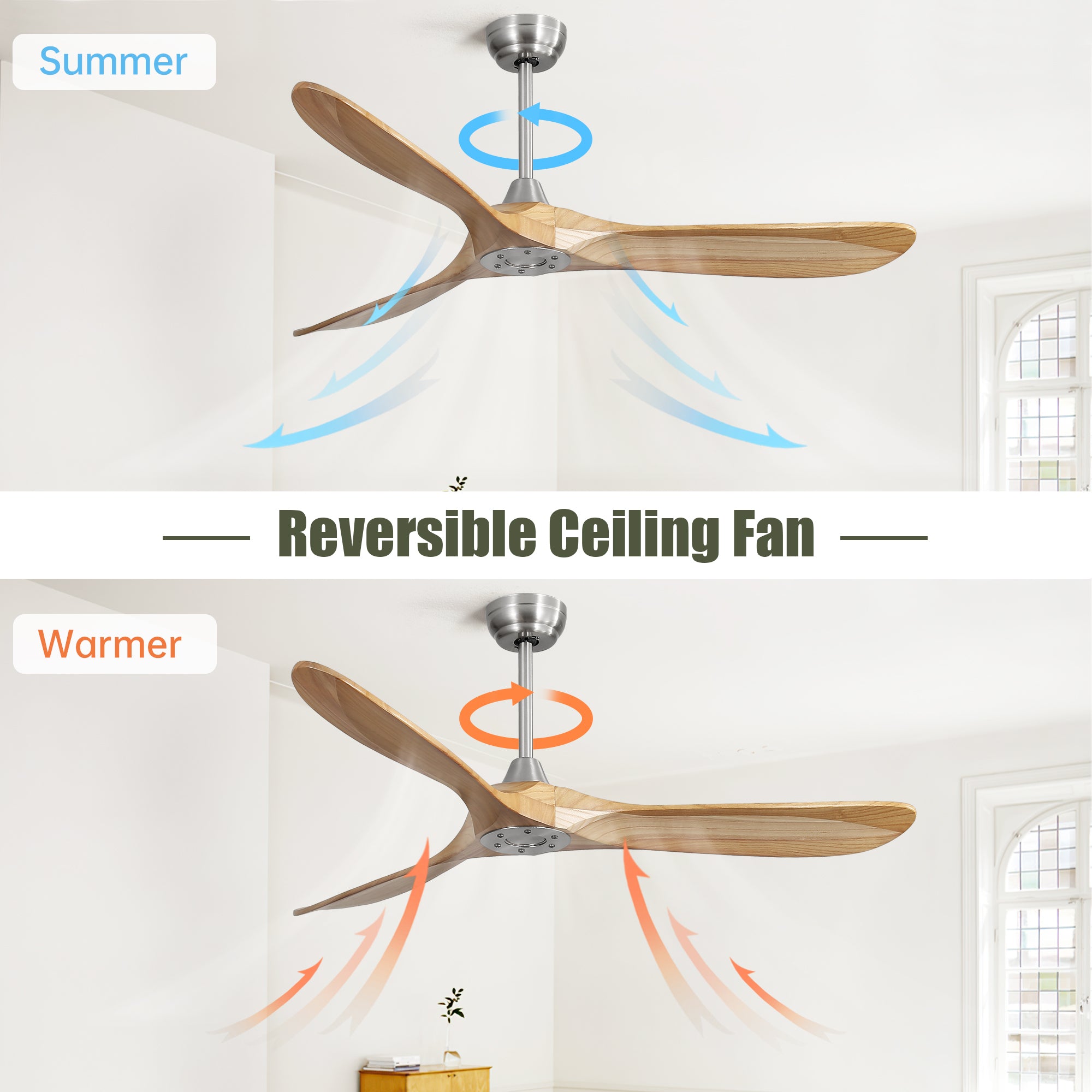 60 Inch Outdoor Ceiling Fan Without Light 3 Solid Wood brushed nickel-metal & wood