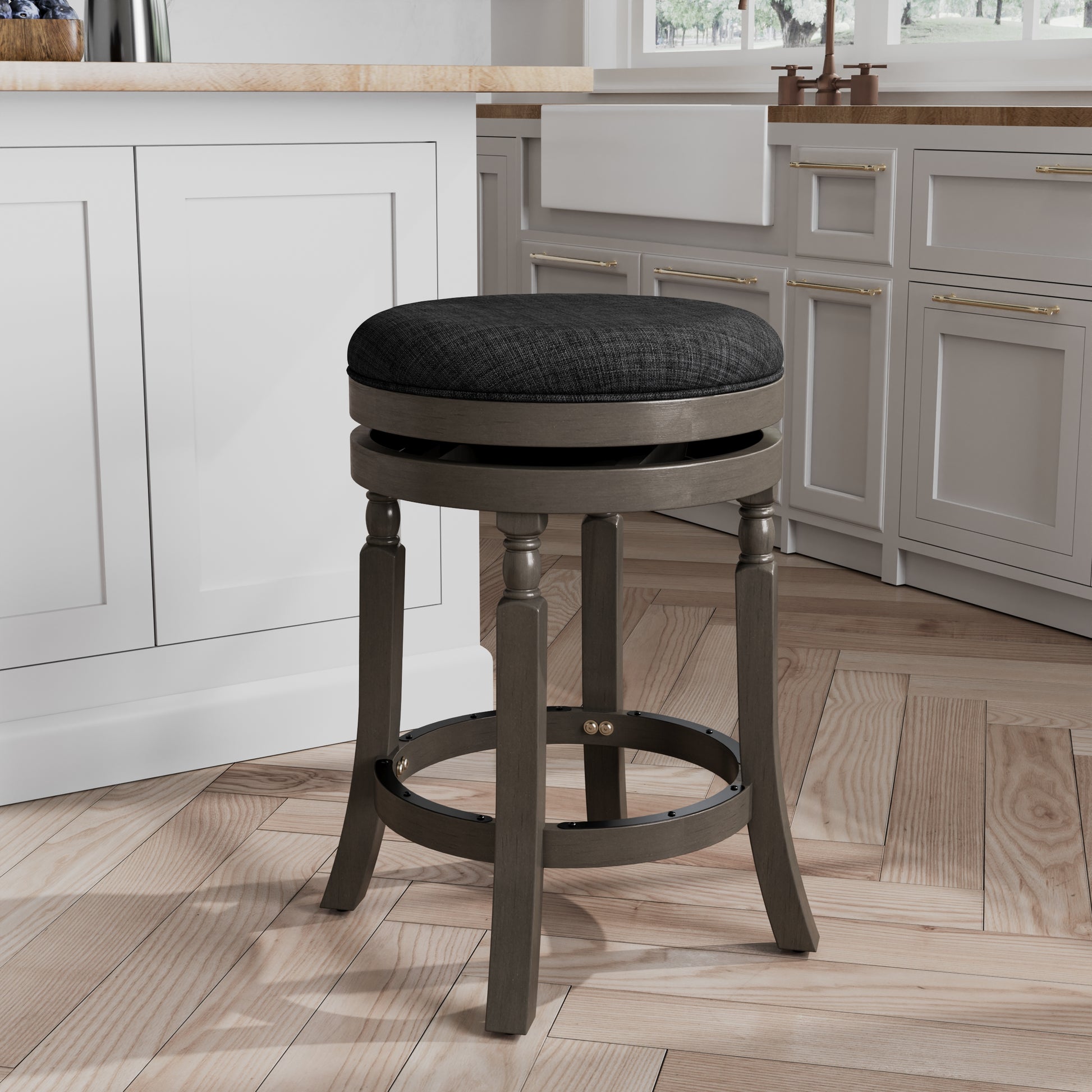 24" Counter Stool, Weathered Gray Finish, Charcoal Fabric Seat Gray Fabric