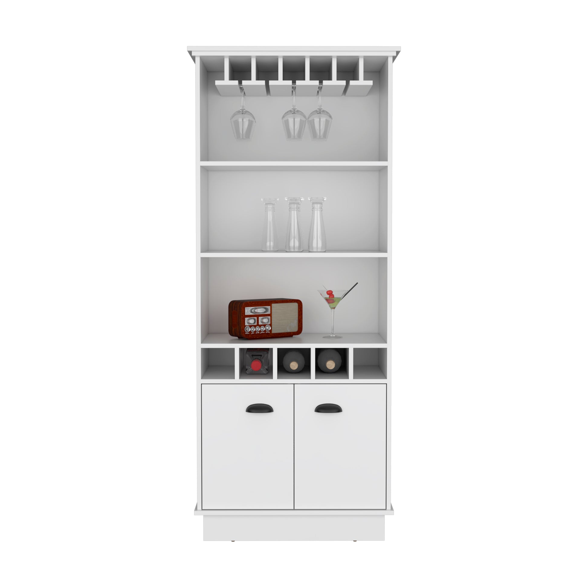 70"H Bar Cabinet With Wine Rack, Upper Glass Cabinet, Three Open Storage Shelves And One Cabinet,White White Particle Board Particle Board