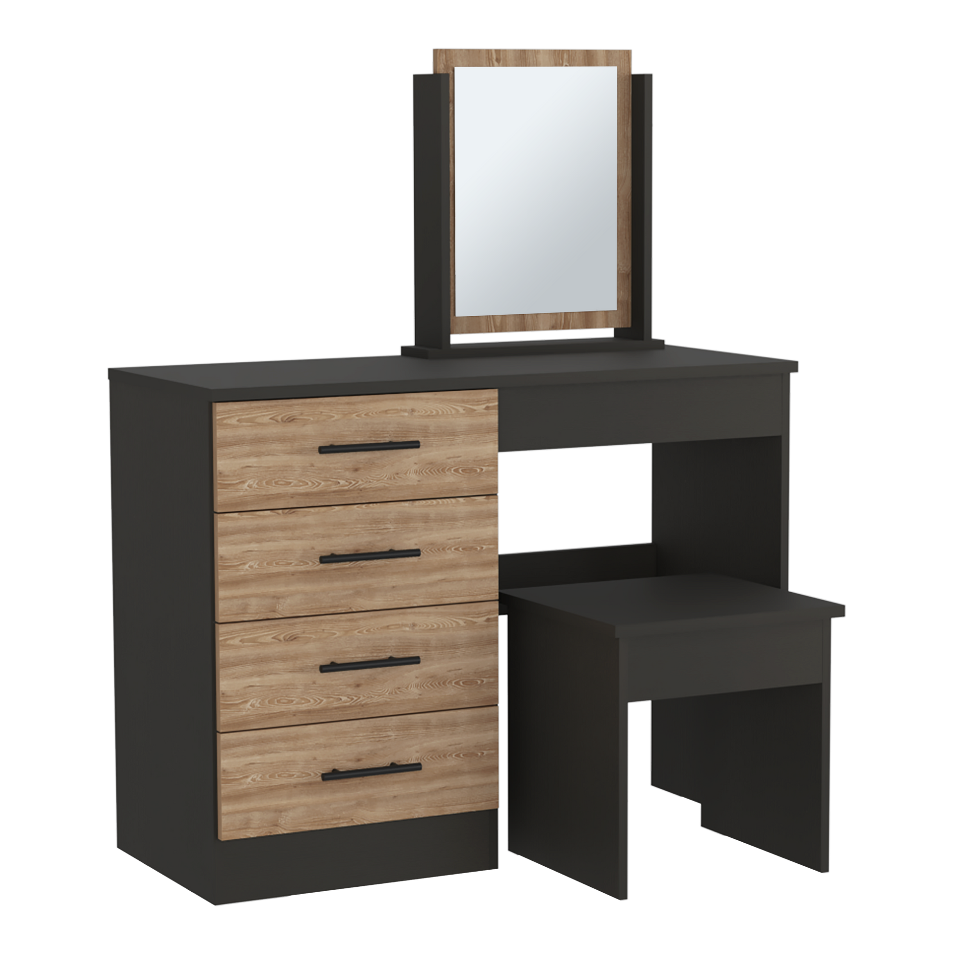 Kaia Makeup Vanity, Four Drawers, One Mirror, Stool Black Pine Multicolor Drawer 4 Drawers Bedroom Shelf Modern Mirror Included Particle Board Particle Board