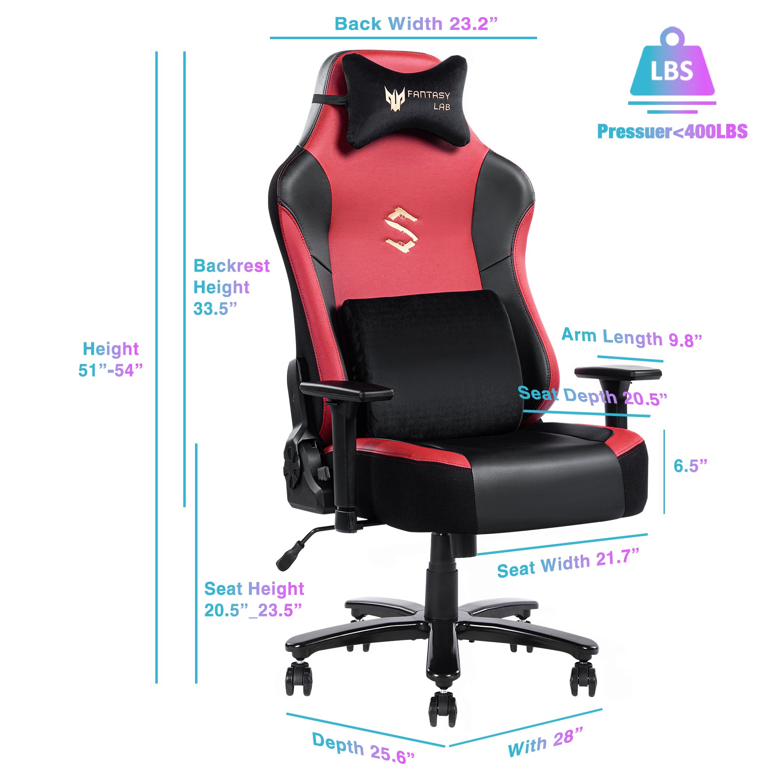 Big And Tall Gaming Chair 400Lbs Gaming Chair With Massage Lumbar Pillow, Headrest, 3D Armrest, Metal Base, Pu Leather Metal Red Handle Pu Leather