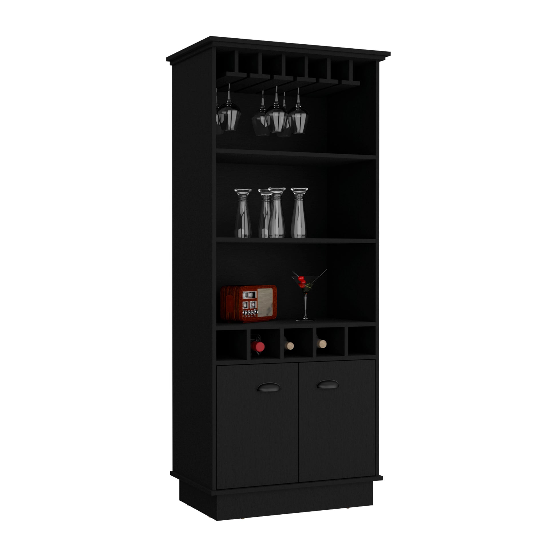 70"H Bar Cabinet With Wine Rack, Upper Glass Cabinet, Three Open Storage Shelves And One Cabinet,Black Black Particle Board Particle Board