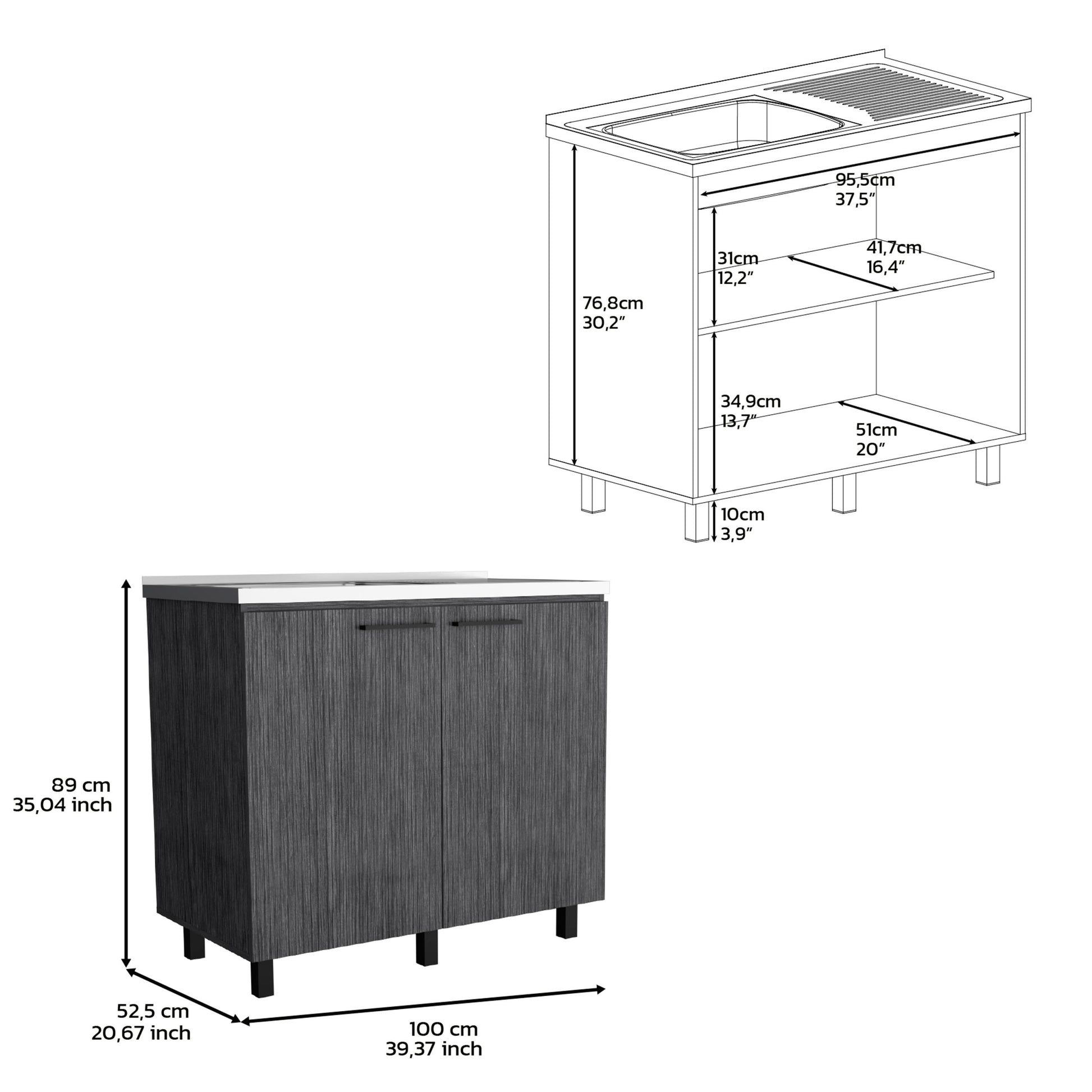 2 Freestanding Utility Base Cabinet With Stainless Steel Countertop And 2 Door, Smokey Oak Oak Particle Board Particle Board