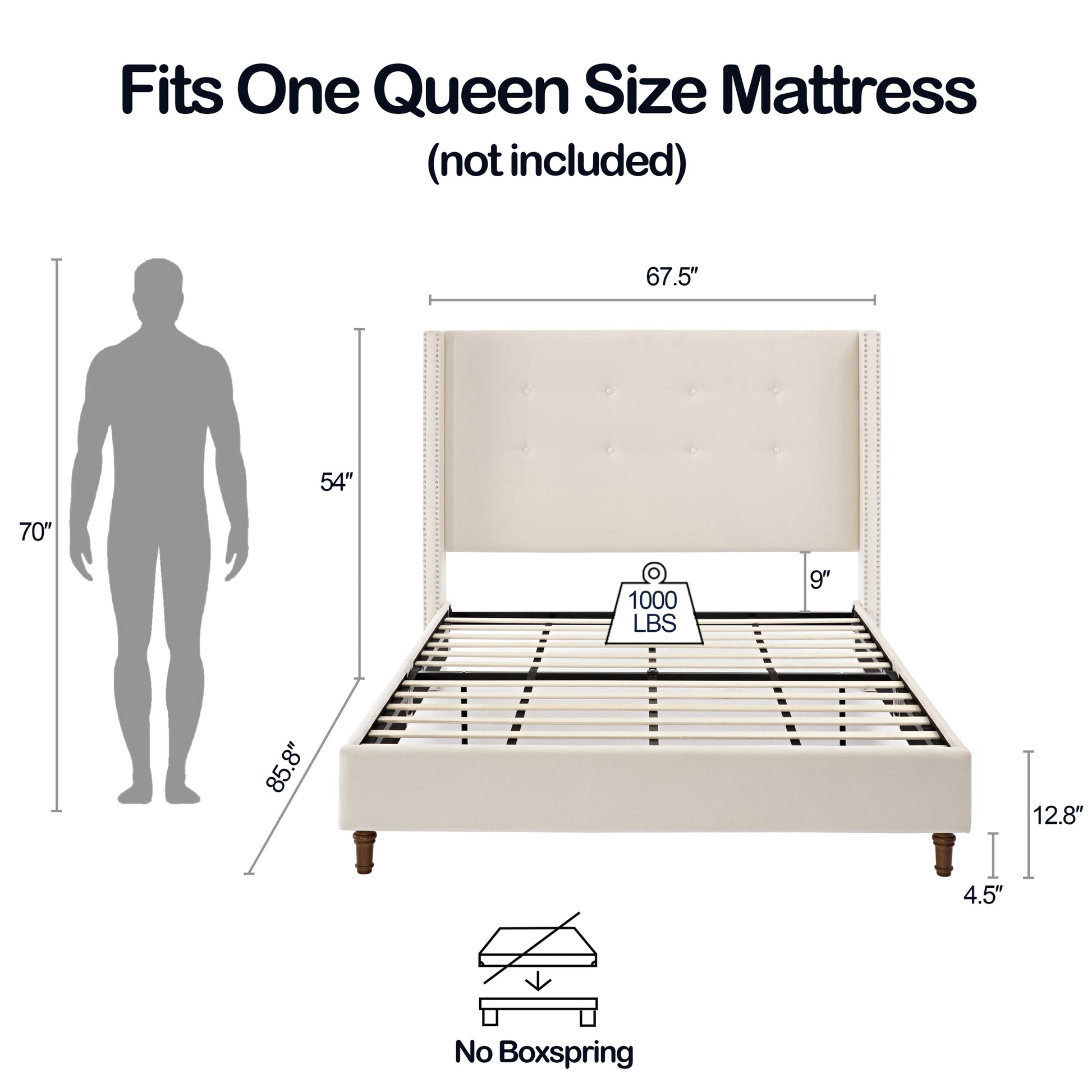 Peyton Upholstered Queen Bed 54" High Headboard Traditional Hand Buttoned Tufting Trim Wingback No Box Spring Needed Easy Assembly Ivory Velvet Box Spring Not Required Queen Ivory Brown Metal Bedroom Classic,European,Modern,Traditional Oak Bed Frame Foam