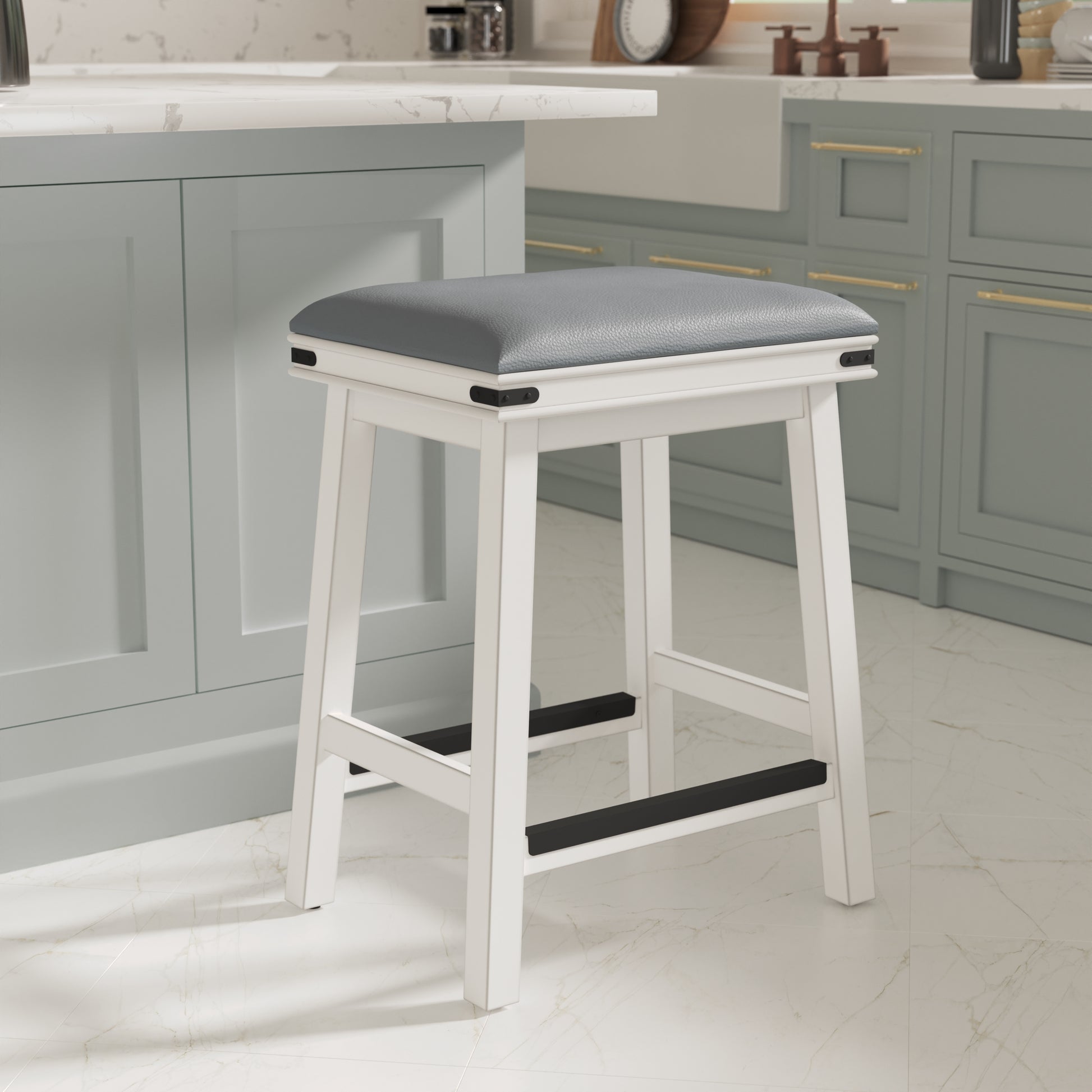 24" Counter Stool, Antique White, Gray Leather Seat Antique White Bonded Leather