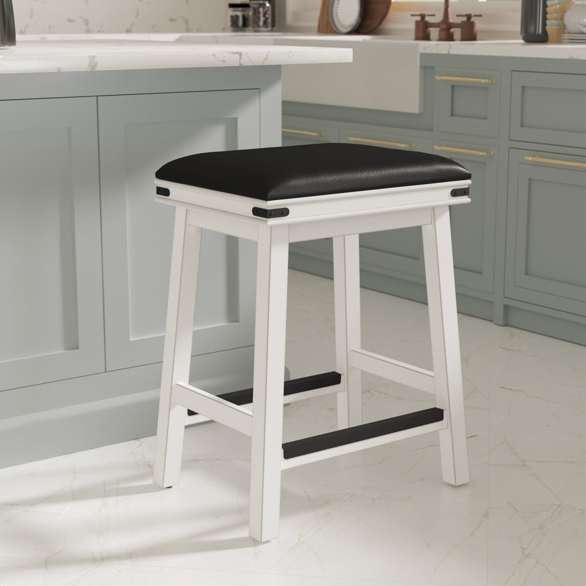 24" Counter Stool, Antique White Finish, Black Leather Seat Antique White Bonded Leather