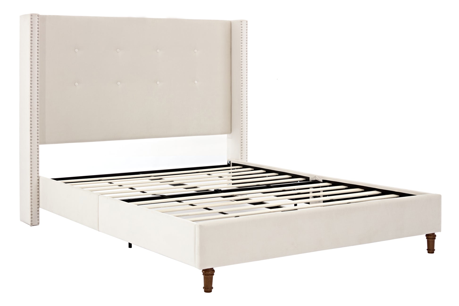 Peyton Upholstered Queen Bed 54" High Headboard Traditional Hand Buttoned Tufting Trim Wingback No Box Spring Needed Easy Assembly Ivory Velvet Box Spring Not Required Queen Ivory Brown Metal Bedroom Classic,European,Modern,Traditional Oak Bed Frame Foam