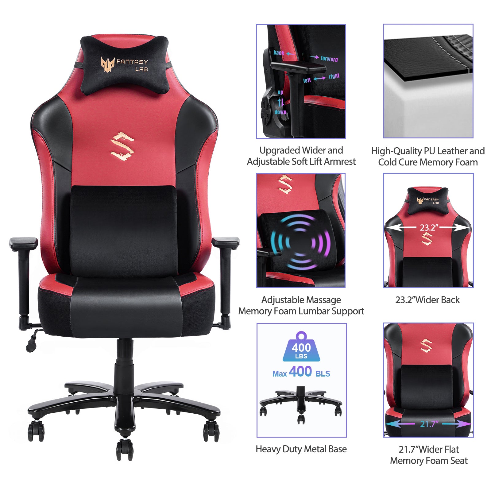 Big And Tall Gaming Chair 400Lbs Gaming Chair With Massage Lumbar Pillow, Headrest, 3D Armrest, Metal Base, Pu Leather Metal Red Handle Pu Leather