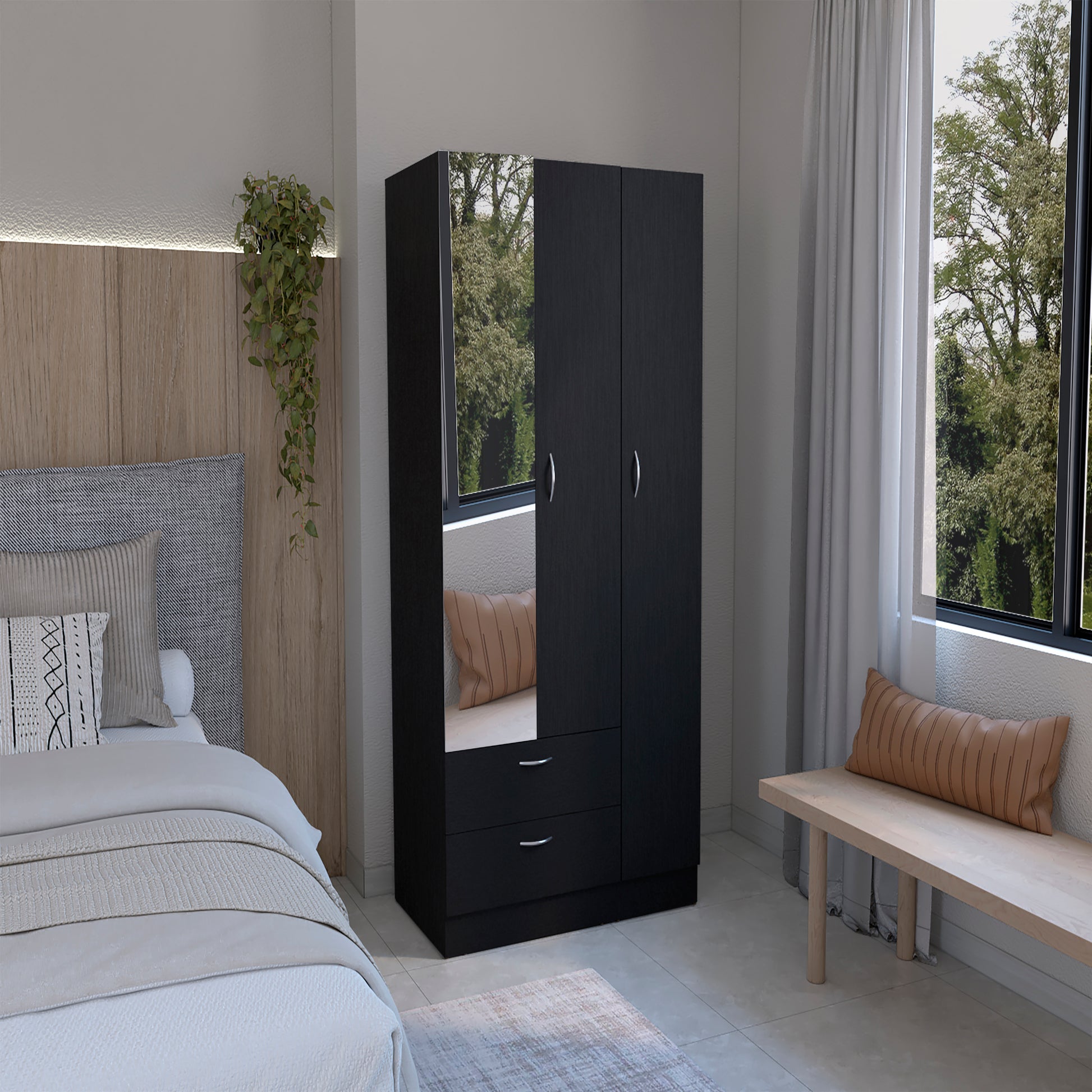 Twardrobe With 3 Doors, One With Mirror, Two Drawers, Four Shelves And Hanging Bar,Black Black Particle Board Particle Board