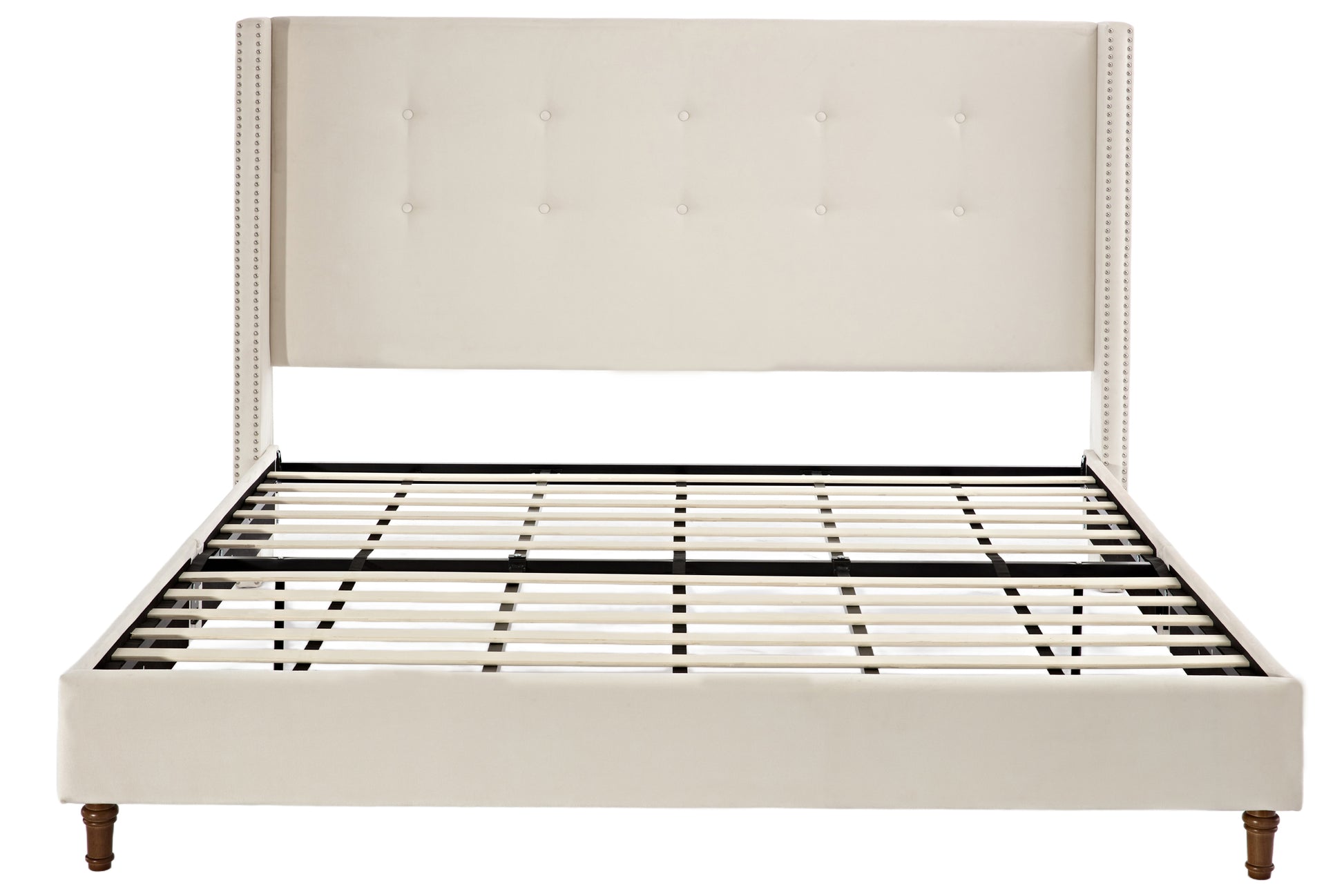 Peyton Upholstered King Bed 54" High Headboard Traditional Hand Buttoned Tufting Trim Wingback No Box Spring Needed Easy Assembly Ivory Velvet Box Spring Not Required King Ivory Brown Metal Bedroom Classic,European,Modern,Traditional Oak Bed Frame Foam