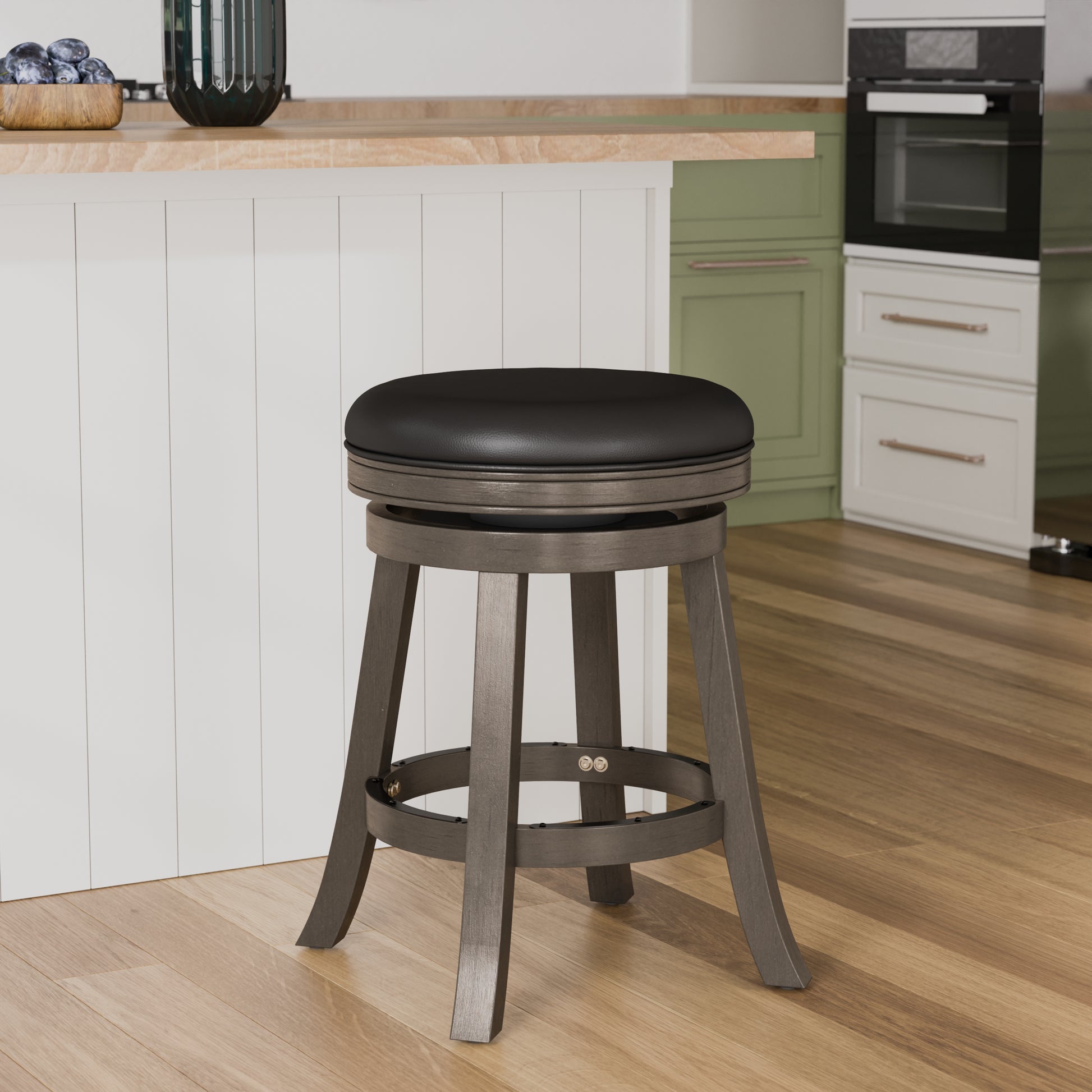 24" Counter Stool, Weathered Gray, Black Leather Seat Gray Bonded Leather