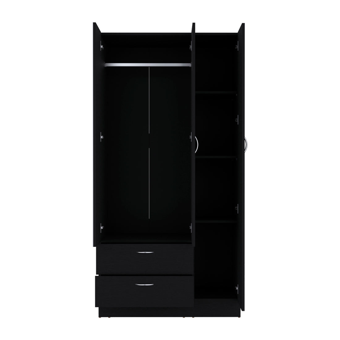 Wardrobe With 3 Doors, One With Mirror, Two Drawers, Four Shelves And Hanging Bar,Black Black Particle Board Particle Board