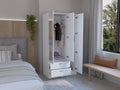 Wardrobe With 3 Doors, One With Mirror, Two Drawers, Four Shelves And Hanging Bar,White White Particle Board Particle Board