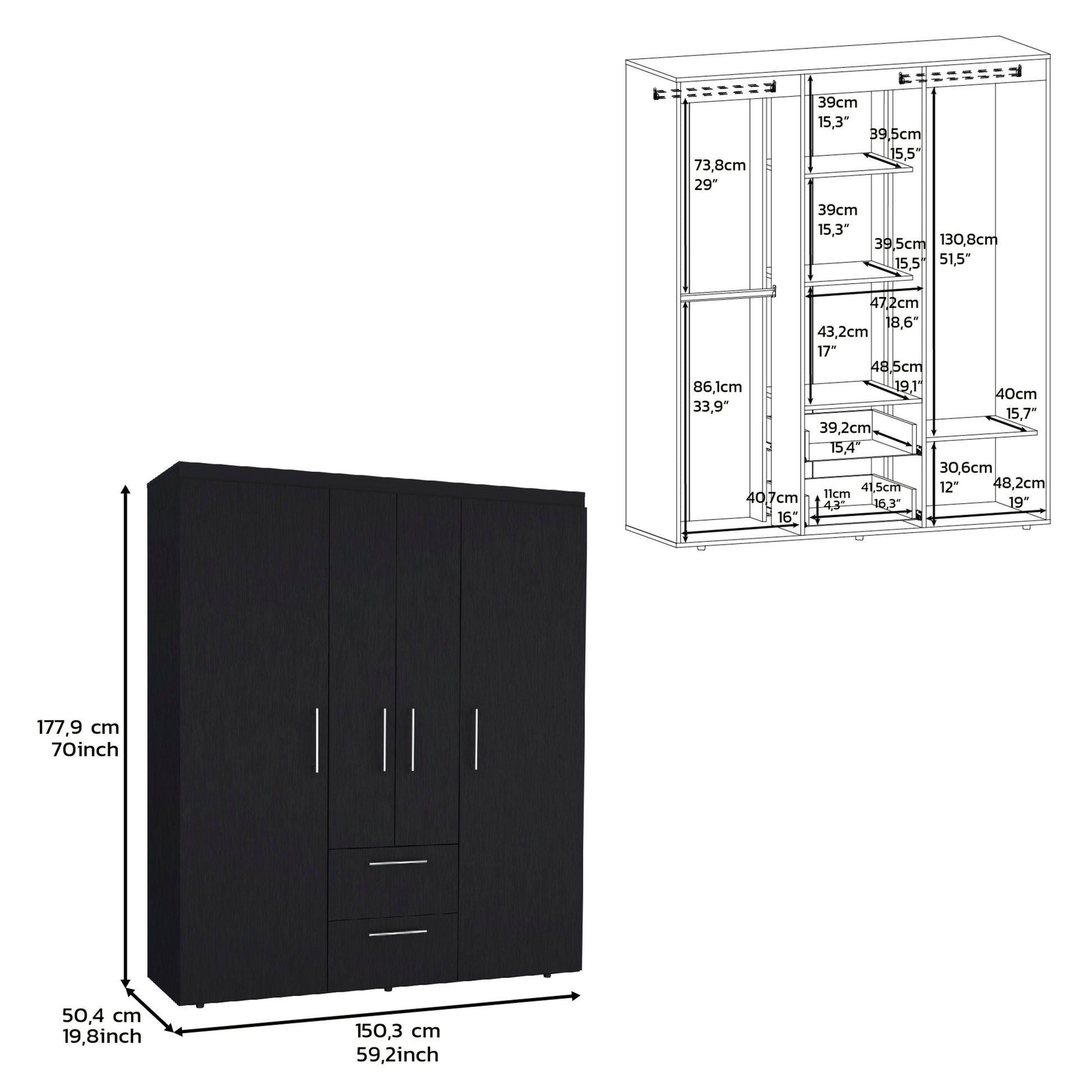 Wardrobe, Deluxe Armoire With Multiple Storage Options And Metal Accents, Black Black Particle Board Particle Board