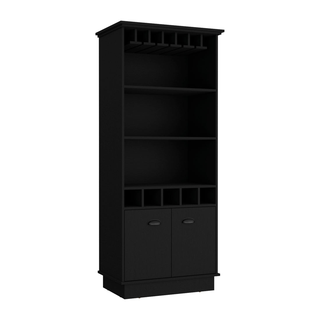 70"H Bar Cabinet With Wine Rack, Upper Glass Cabinet, Three Open Storage Shelves And One Cabinet,Black Black Particle Board Particle Board