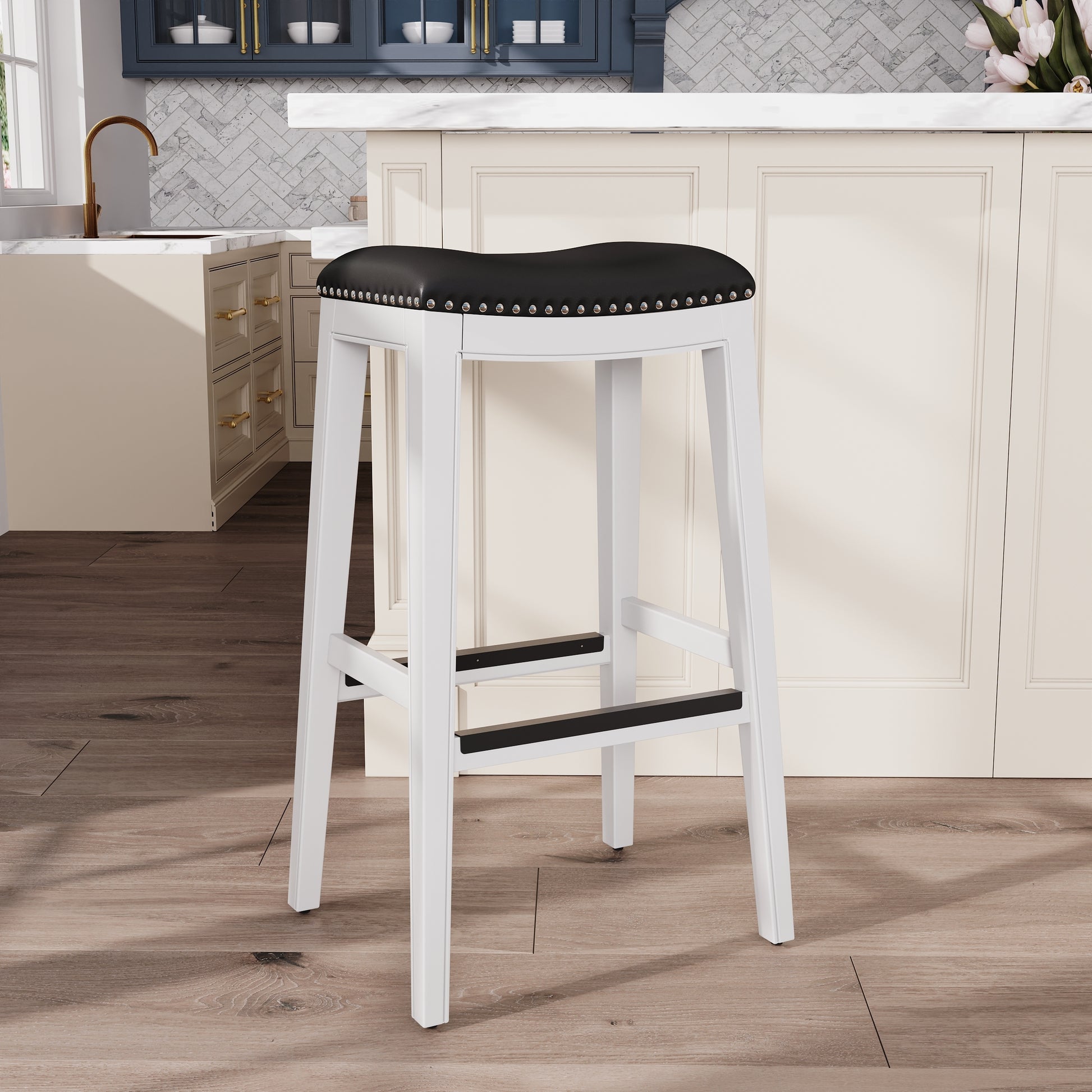 30" Bar Stool, White Finish, Black Leather Seat White Bonded Leather