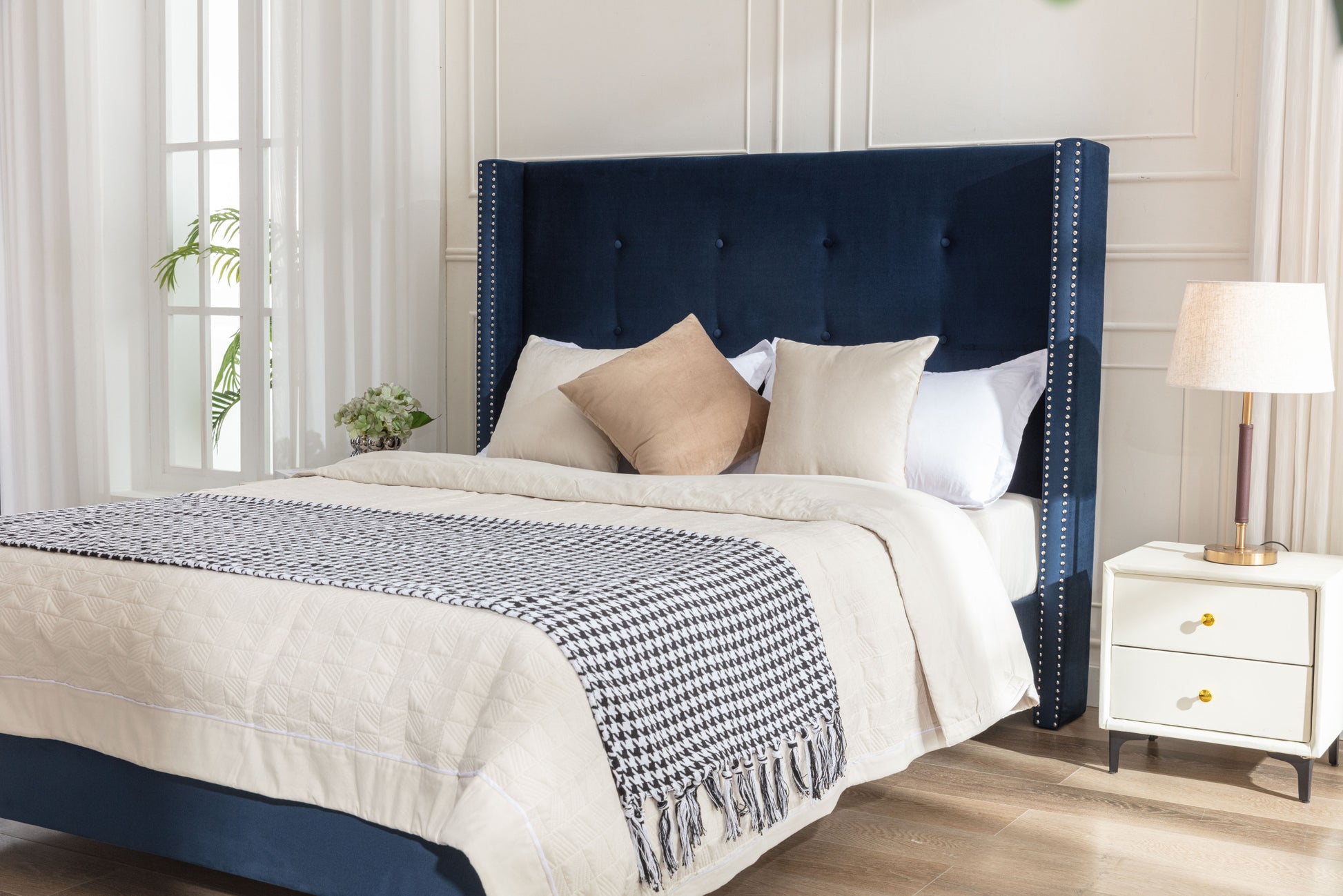 Peyton Upholstered Queen Bed 54" High Headboard Traditional Hand Buttoned Tufting Trim Wingback No Box Spring Needed Easy Assembly Blue Velvet Box Spring Not Required Queen Blue Brown Metal Bedroom Classic,European,Modern,Traditional Oak Bed Frame Foam