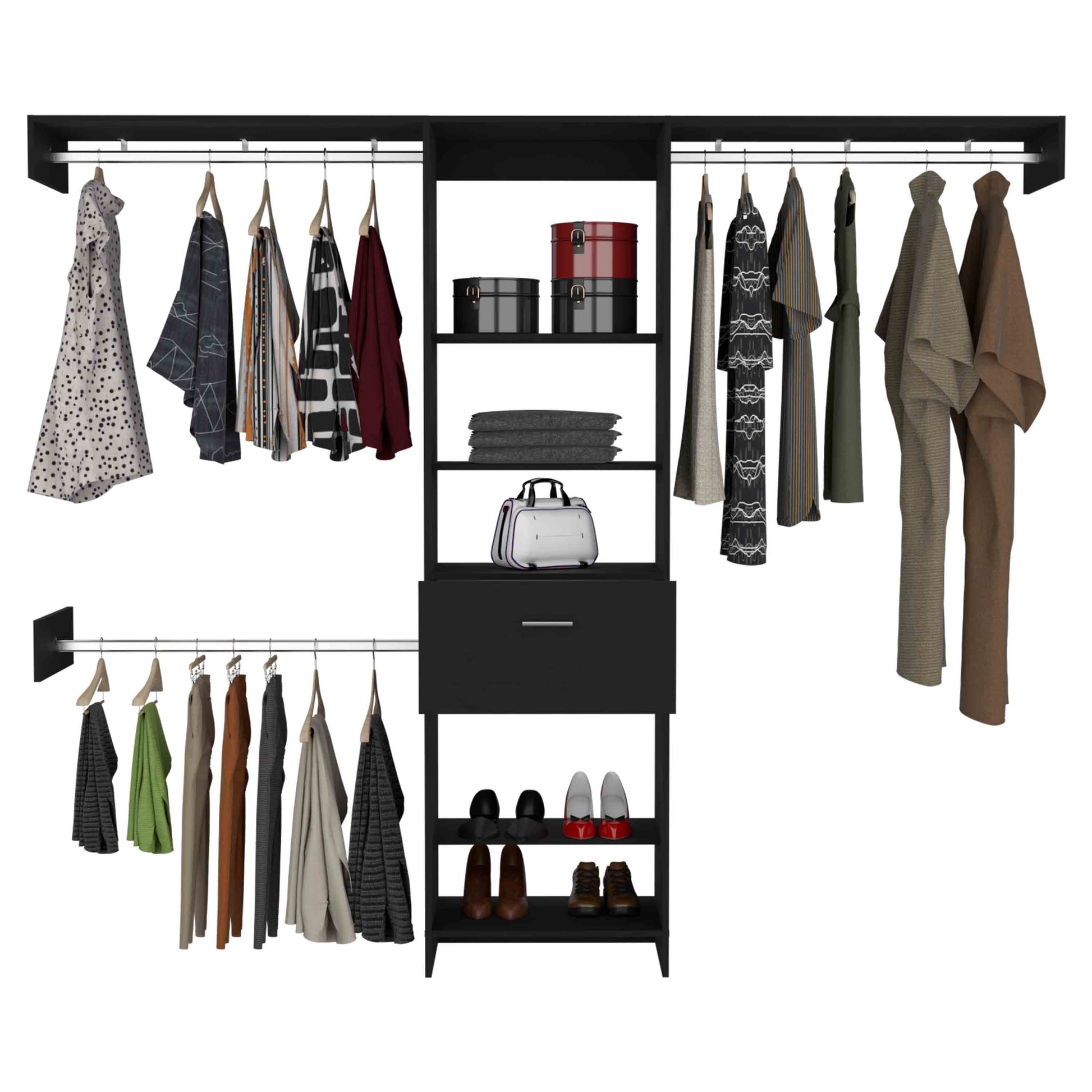 Manchester 250 Closet System, Five Open Shelves, One Drawer, Three Metal Rods Black Black Bedroom Modern Particle Board Particle Board