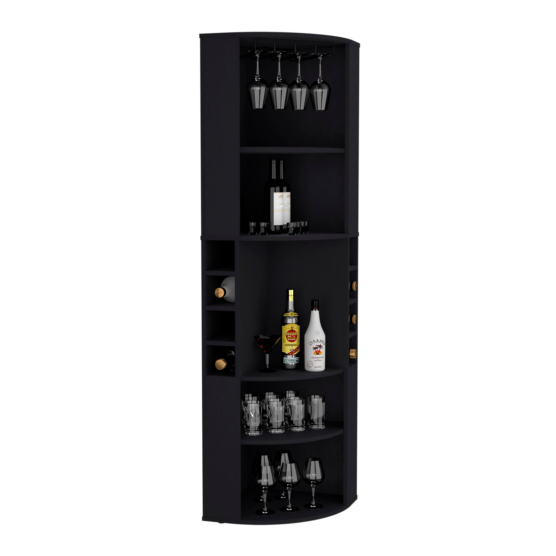 71" Corner Bar Cabinet With Five Shelves, Eight Bottle Cubbies And Stemware,Black Black Kitchen Modern Particle Board Particle Board