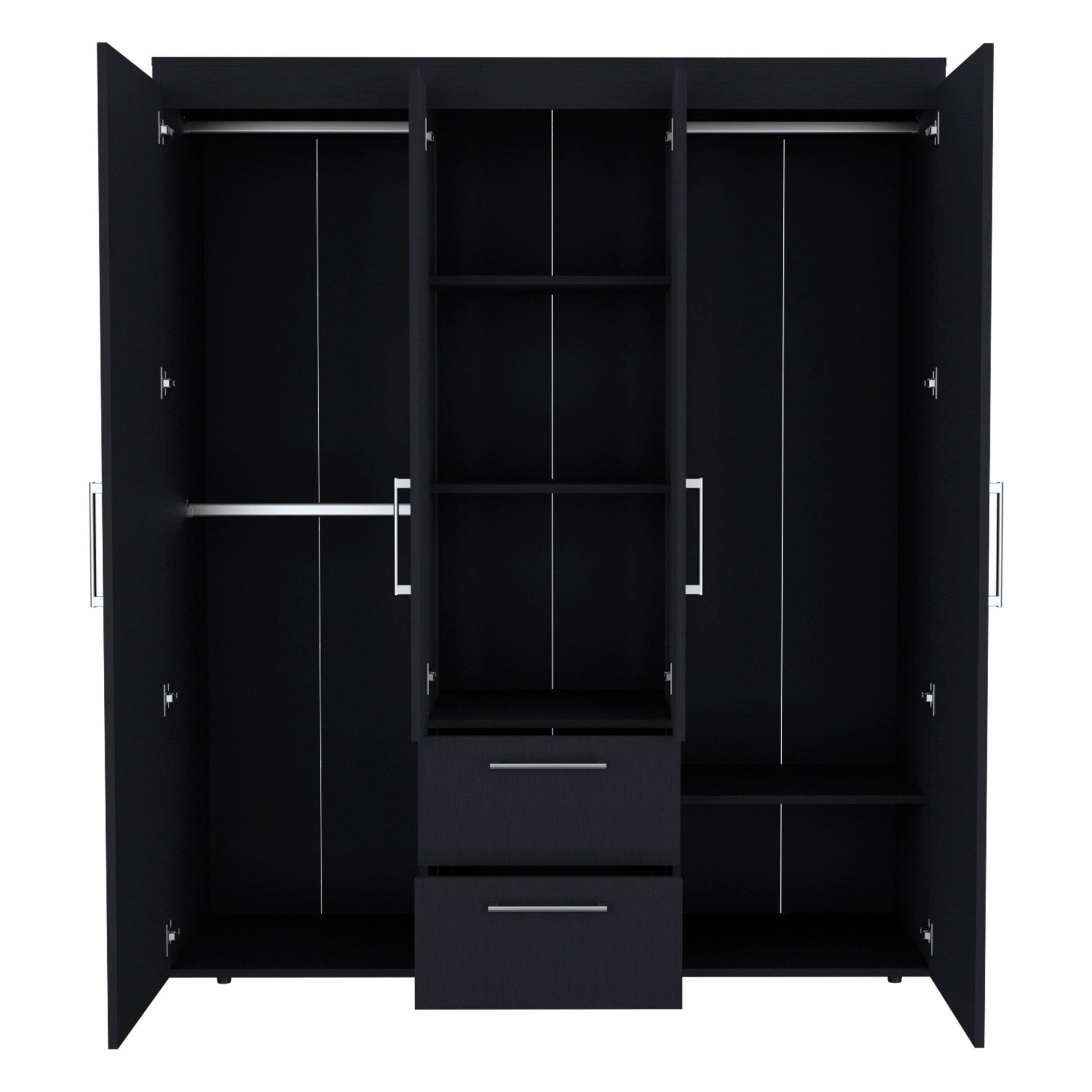 Wardrobe, Deluxe Armoire With Multiple Storage Options And Metal Accents, Black Black Particle Board Particle Board