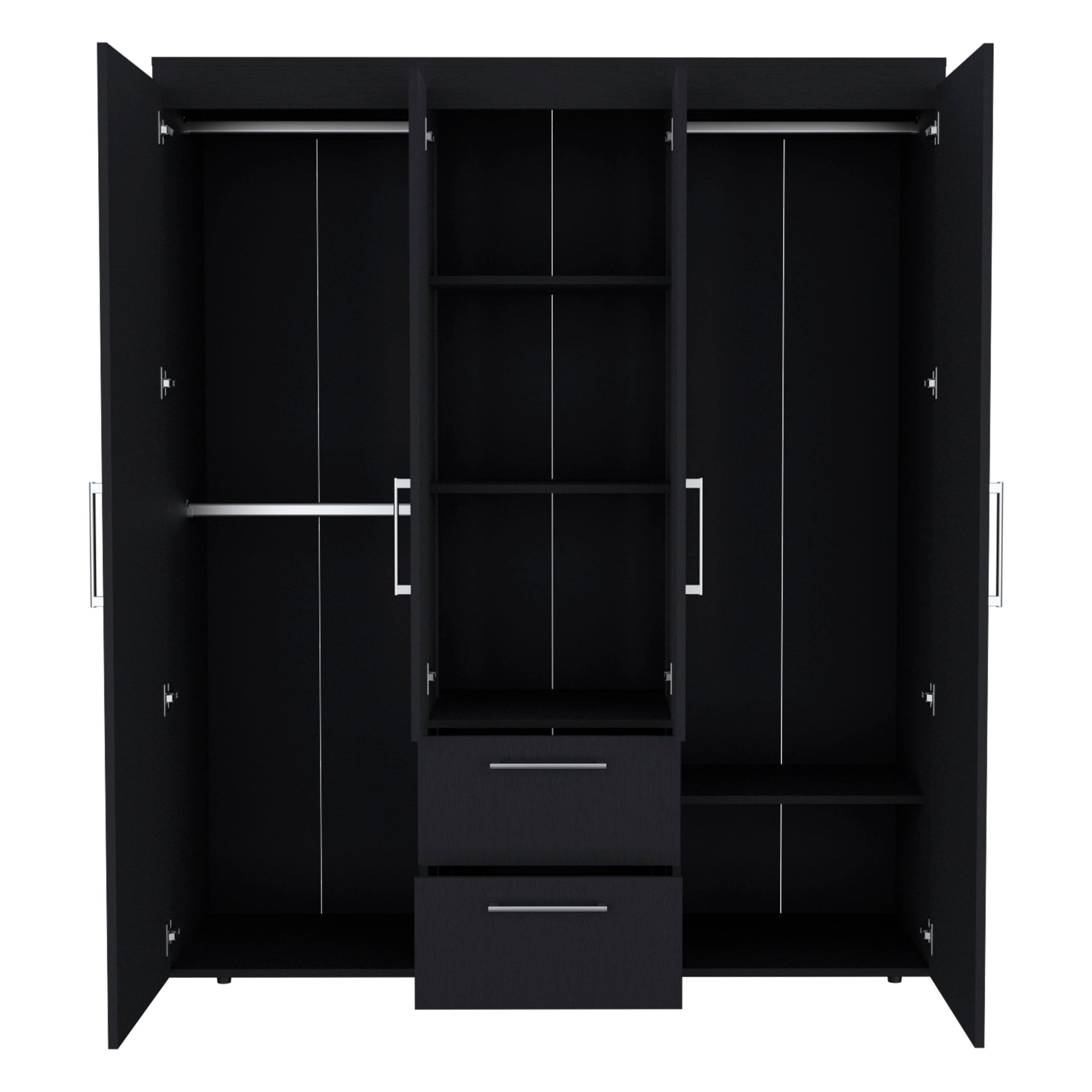 Wardrobe, Deluxe Armoire With Multiple Storage Options And Metal Accents, Black Black Particle Board Particle Board