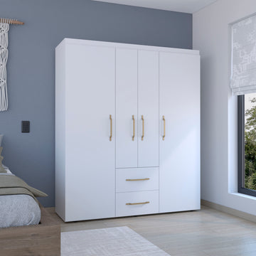 Wardrobe, Deluxe Armoire With Multiple Storage Options And Metal Accents, White White Particle Board Particle Board