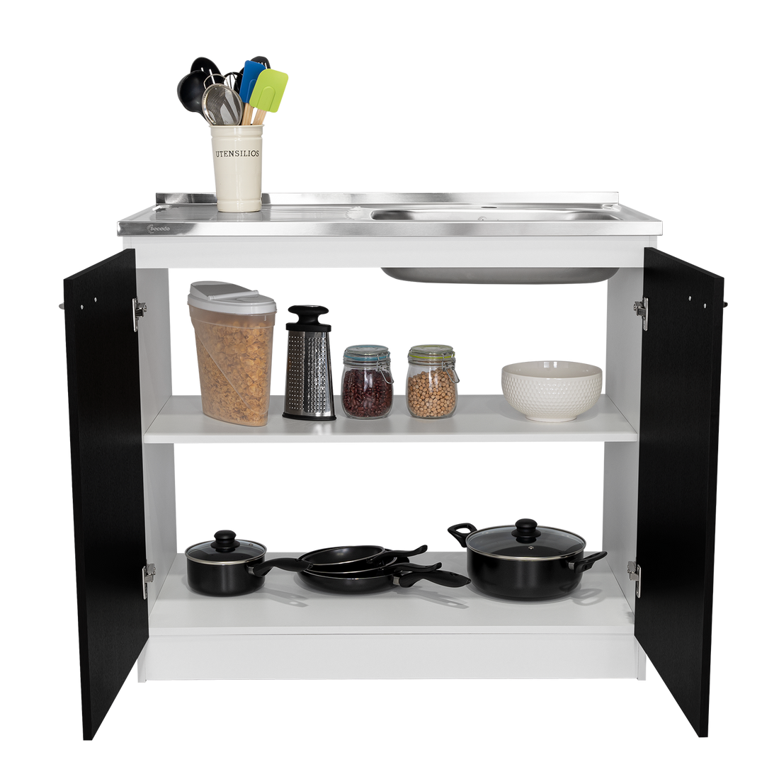 Napoles Utility Sink With Cabinet, Double Door, One Shelf White Black Multi Kitchen Modern Particle Board Particle Board