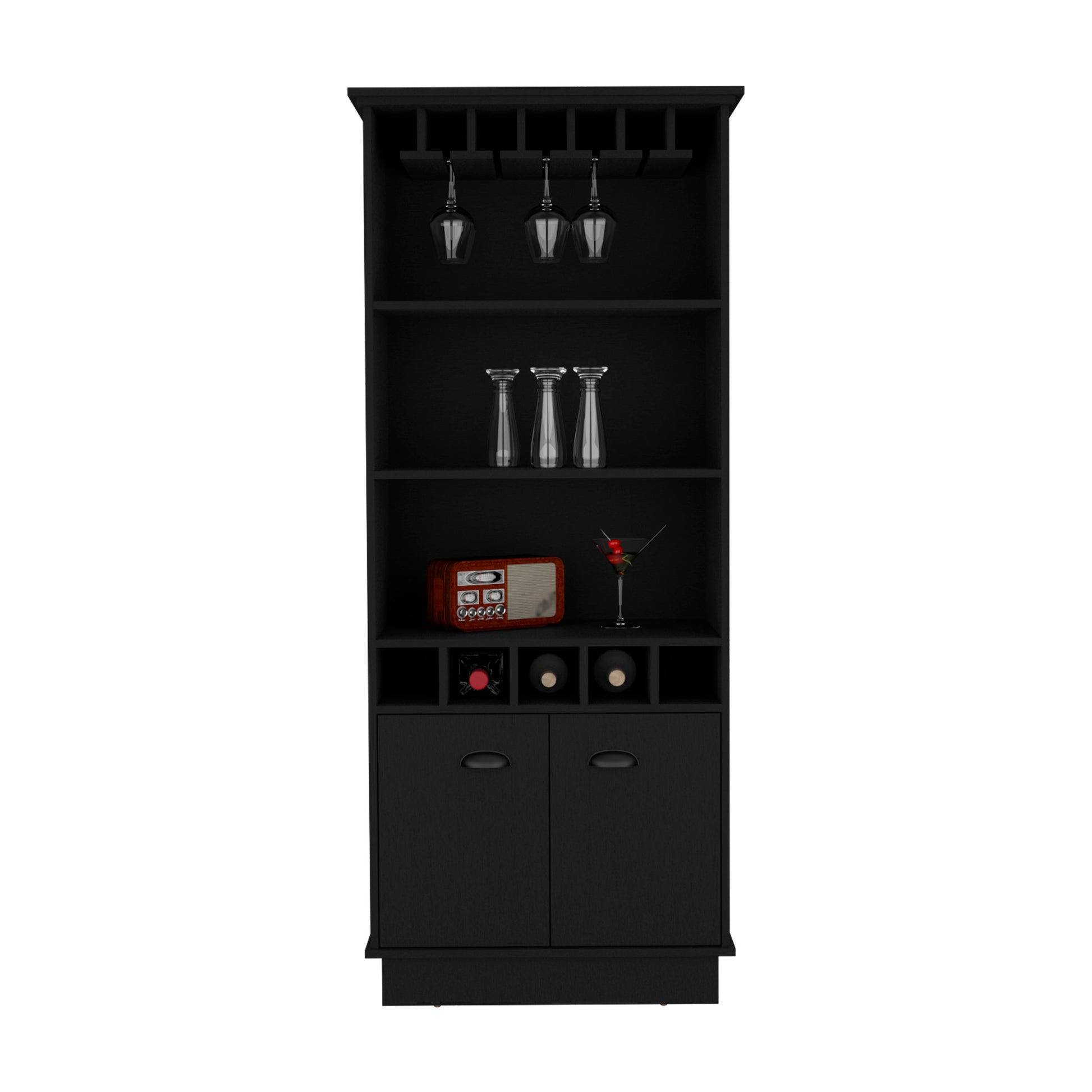 70"H Bar Cabinet With Wine Rack, Upper Glass Cabinet, Three Open Storage Shelves And One Cabinet,Black Black Particle Board Particle Board